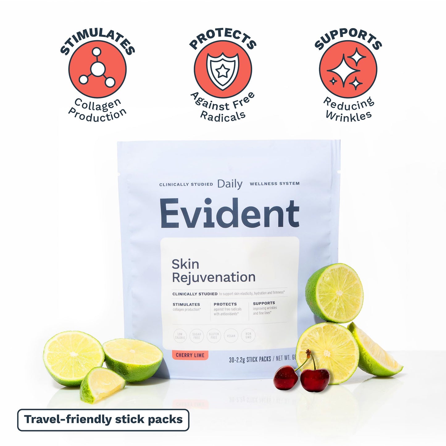 EVIDENT WELLNESS Skin Rejuvenation Powder – Collagen Supplement with Resveratrol, Sodium Hyaluronate, CollaBZEn, Vitamins C & E – Supports Elasticity, Hydration, Firmness (4.5151)