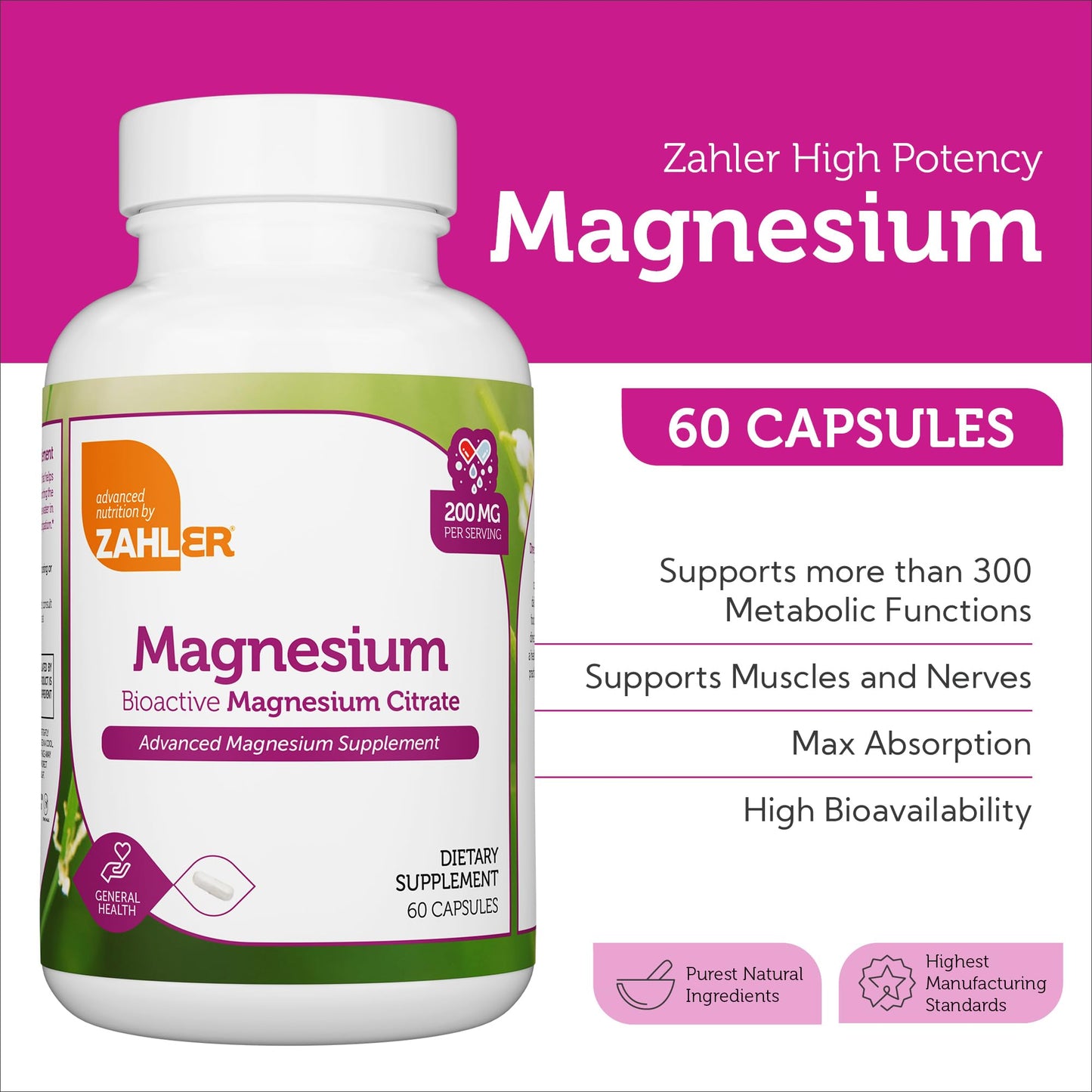 Zahler Magnesium Citrate Bioactive Capsules 200 mg, 60 Count