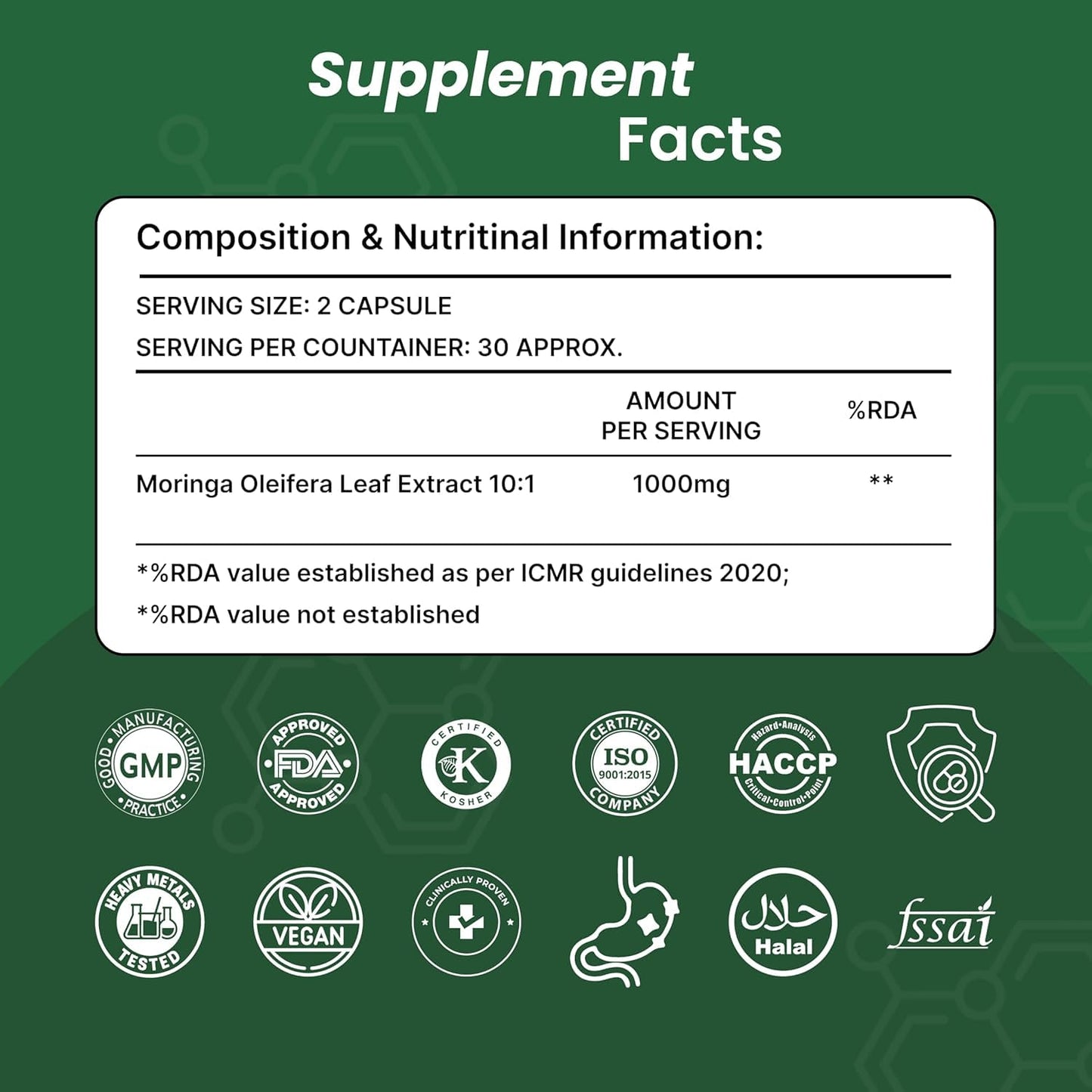 ORIBITE Moringa Extract 1000mg Capsule, 60 Count