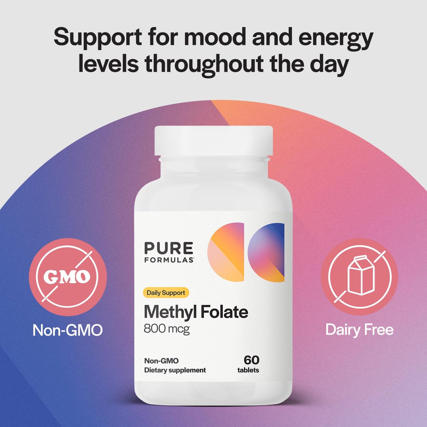 PureFormulas Methylfolate 800 mcg – Active B9 (5-MTHF) for Cardiovascular, Nerve & Mood Health, Non-GMO Vegetarian Tablets, 60 Tablets