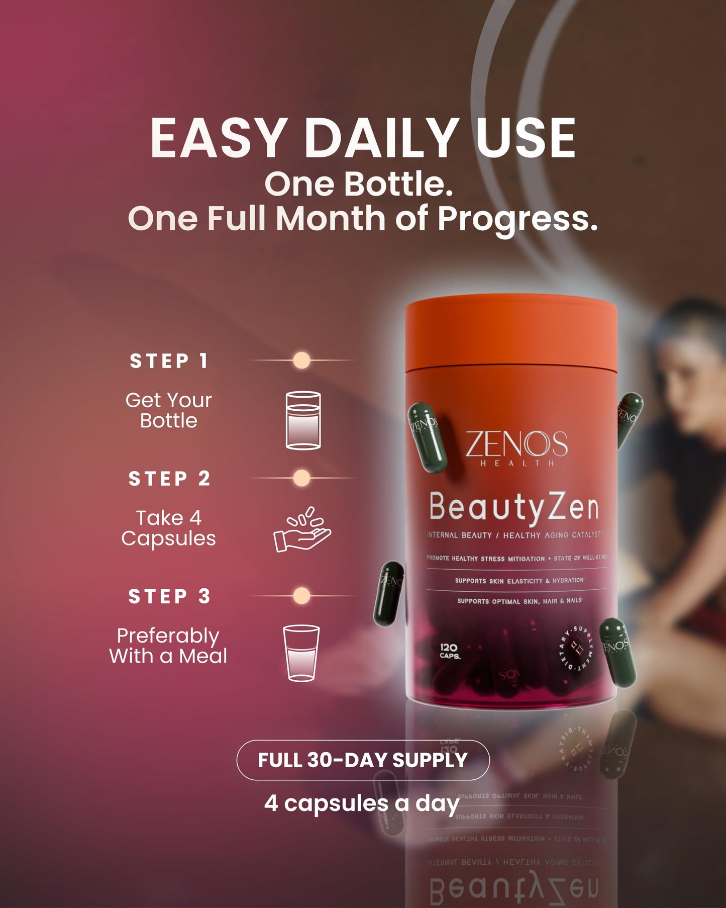 Zenos Health BeautyZen Hair Growth Supplement with DHT Blocker, Biotin, Collagen & Keratin, Antioxidants, Androgen Blocker, Anti-Aging, Keratin Complex, 120 Capsules
