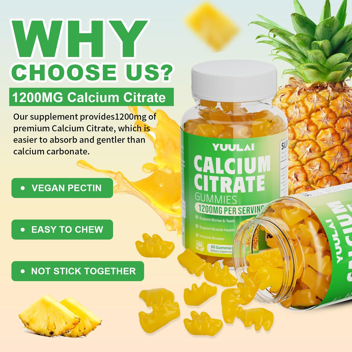 YUULAI Calcium Citrate Gummies 1200mg, 60 Count
