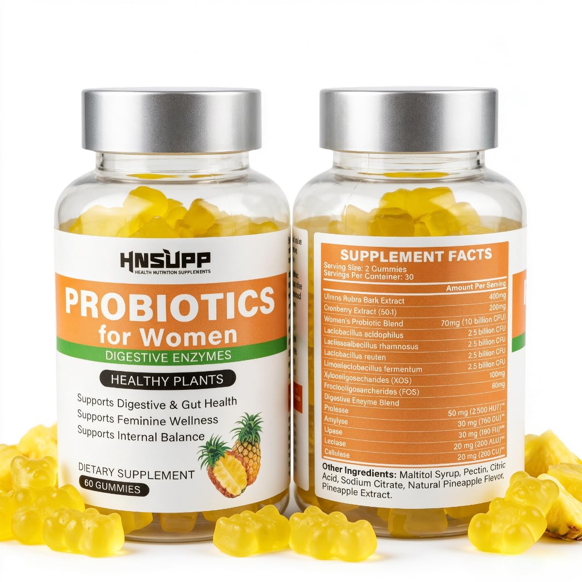 HNSUPP Women Probiotic Gummies Sugar Free Tropical Pineapple Chew, 60 Count
