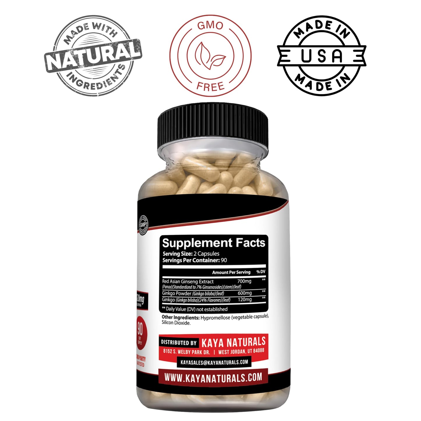 Kaya Naturals Ginkgo Biloba with Red Panax Ginseng Capsules, 180 Capsules
