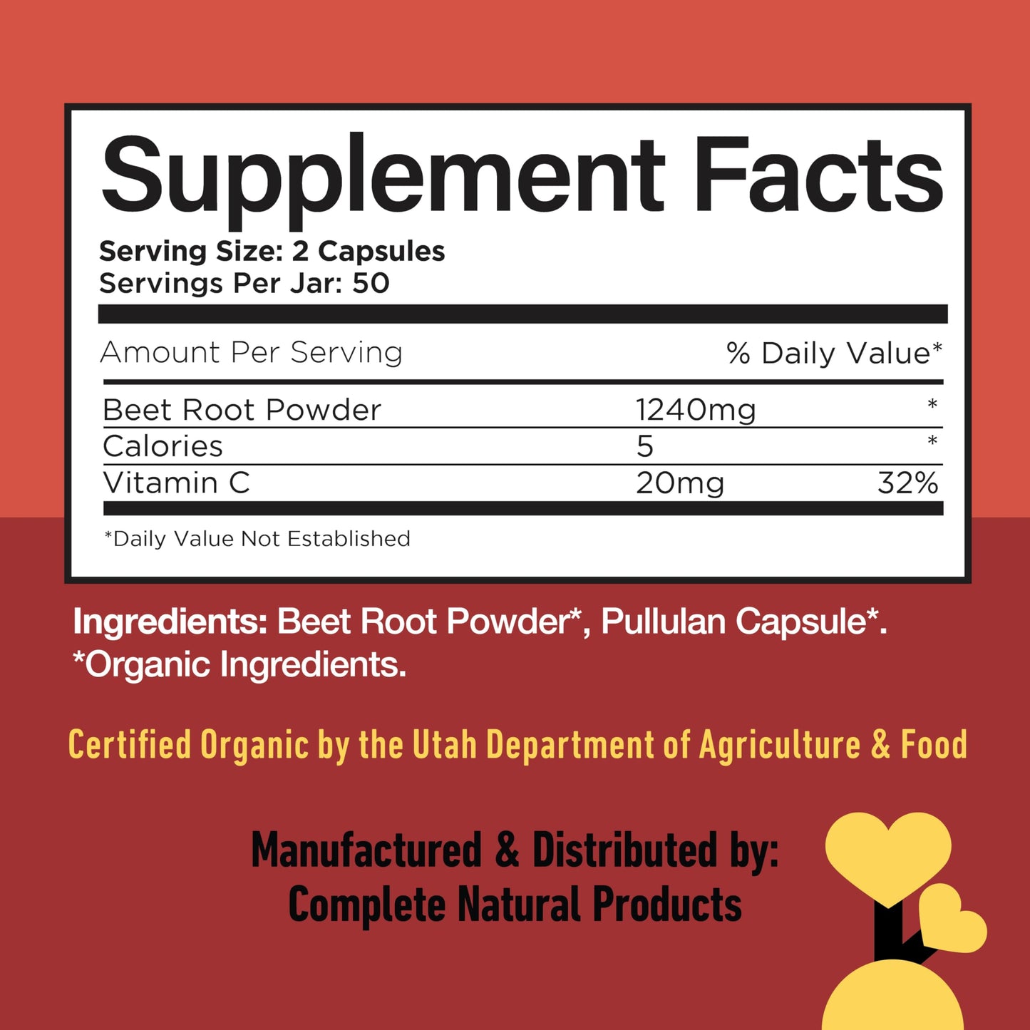 Complete Natural Products Organic Beet Root Capsules 620mg, 100 Capsules