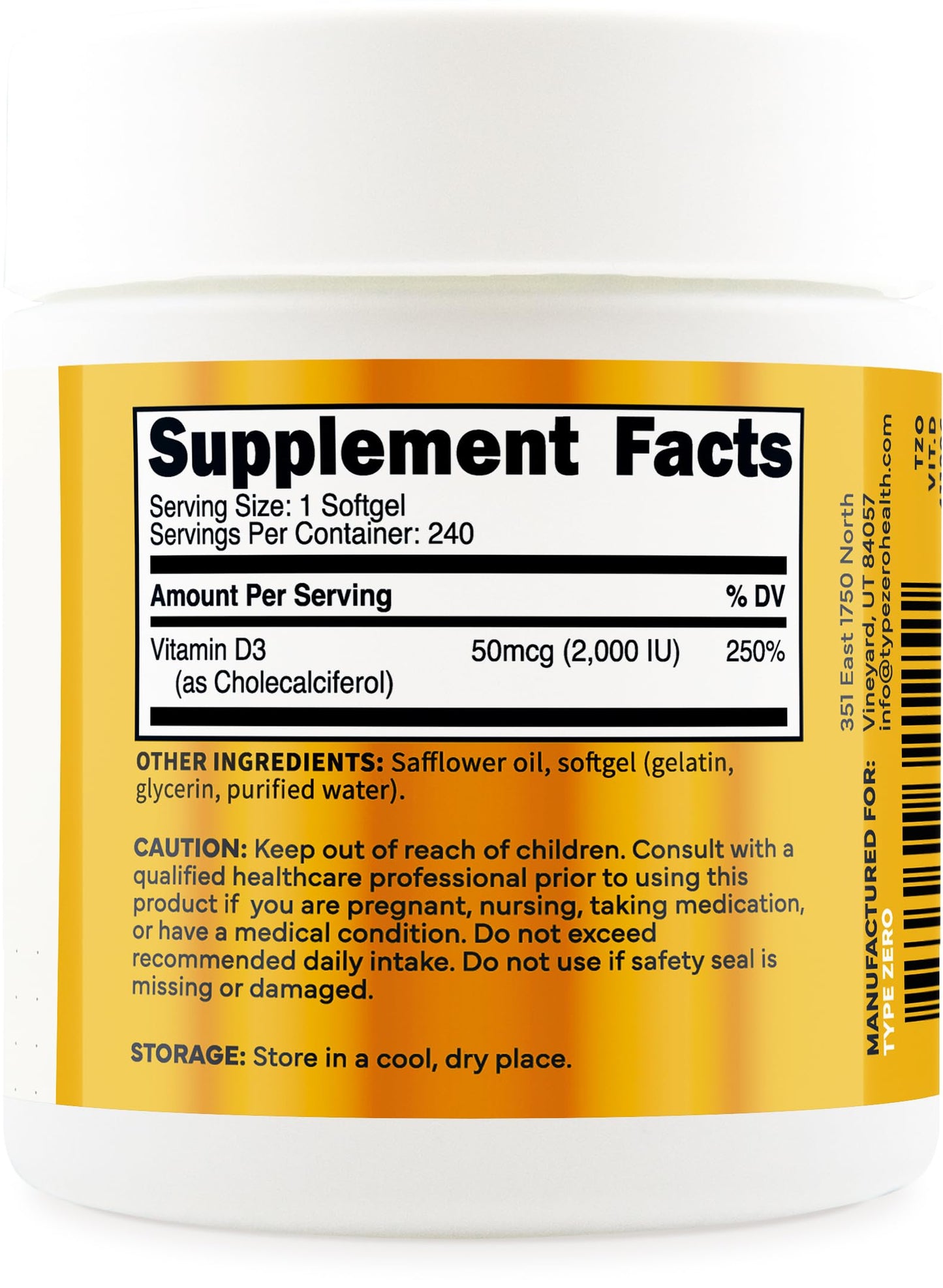 Type Zero Vitamin D3 2000 IU Softgels 240 Count