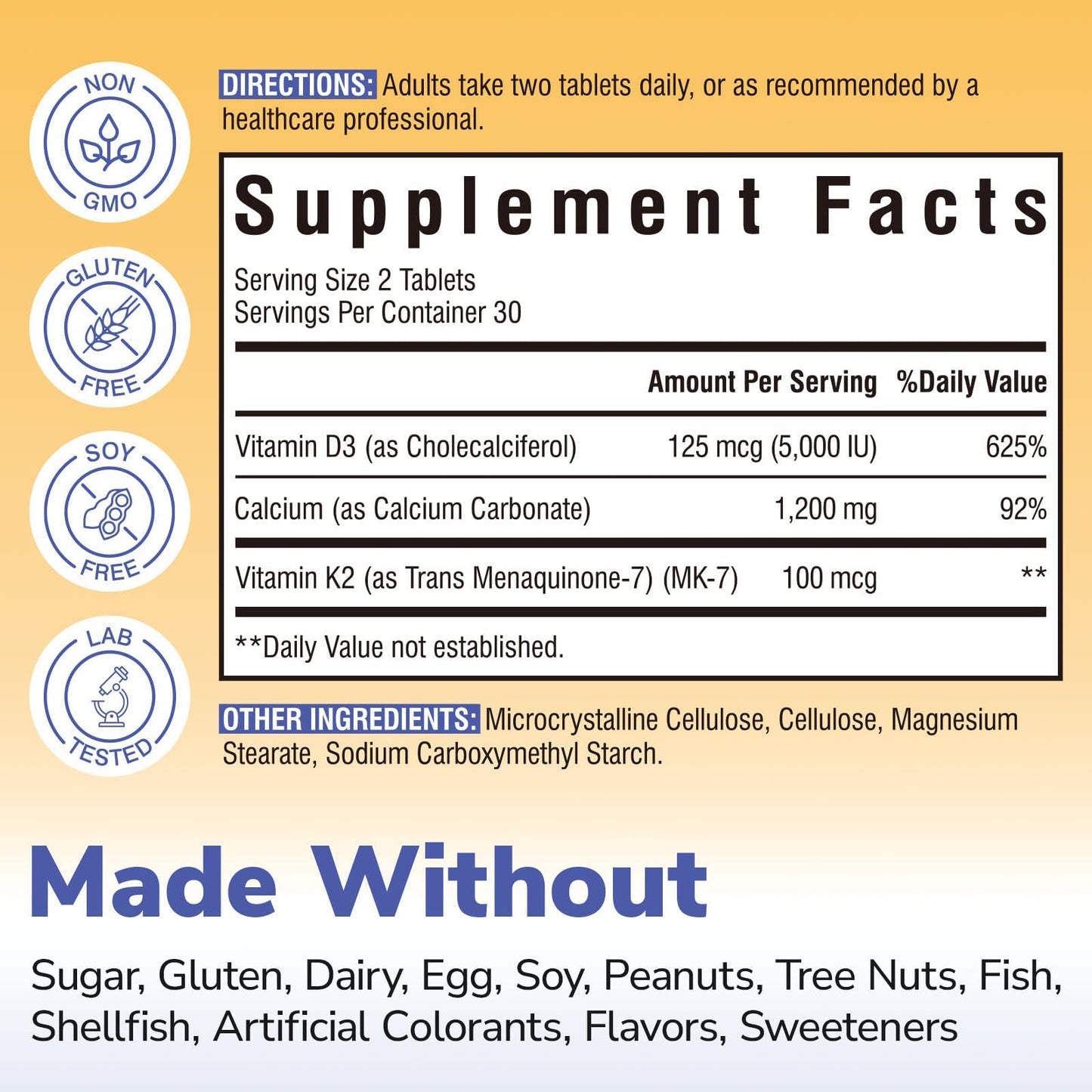 Vitalibre D3 K2 Calcium Supplement for Women & Men, Vitamin D3 5000 IU, Calcium 1200 mg, MK-7, High Absorption, for Strong Bones, Teeth, Heart, Immune Health, 60 Tablets