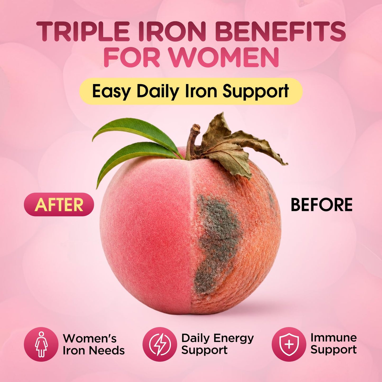 Hovika Iron Gummies for Women, Triple Iron with Multivitamin, Vitamin C, A, B, Folate, Copper, Zinc, Vegan Peach Flavor, 120 Gummies