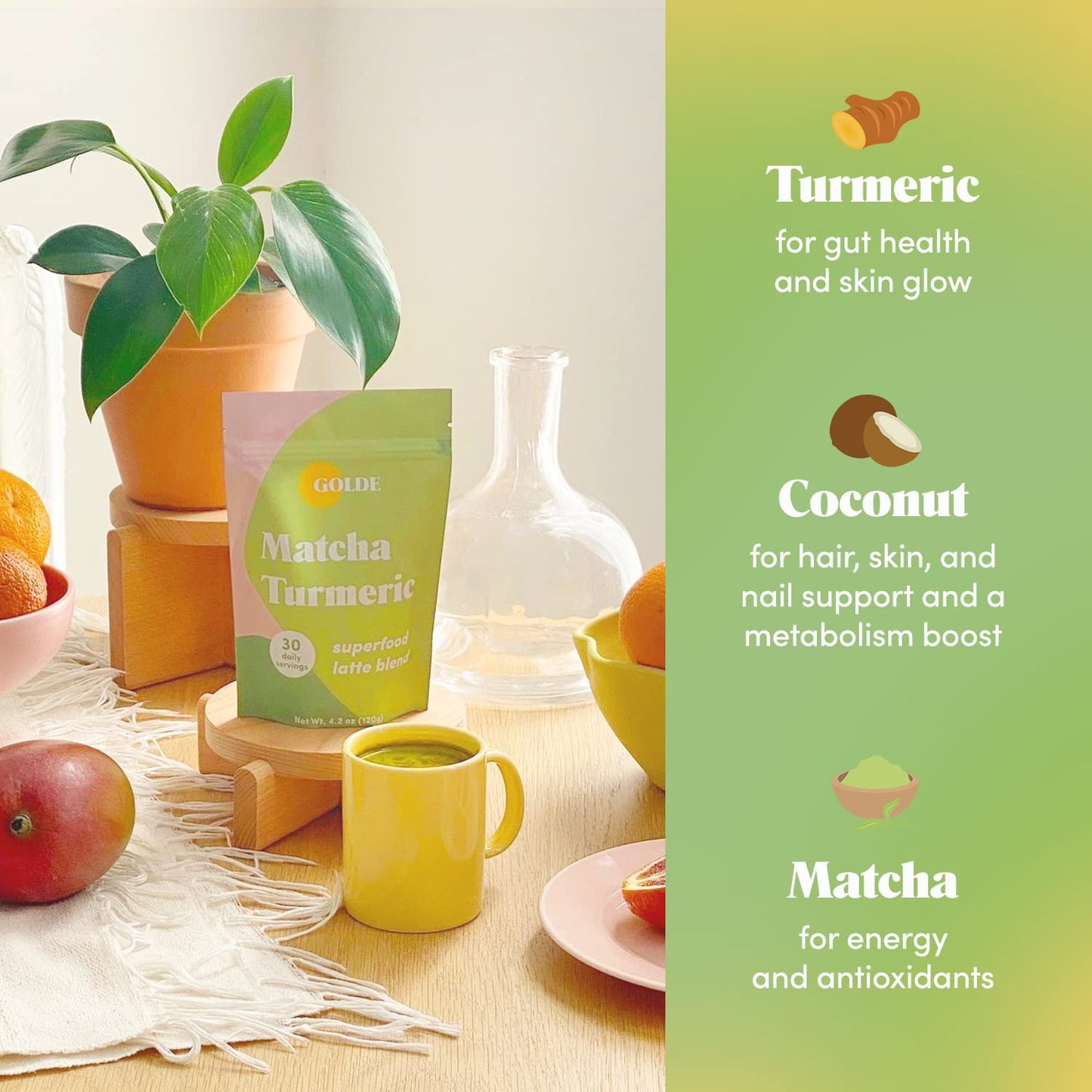GOLDE Superfood Latte Blend Matcha Turmeric Powder, 4.2 oz