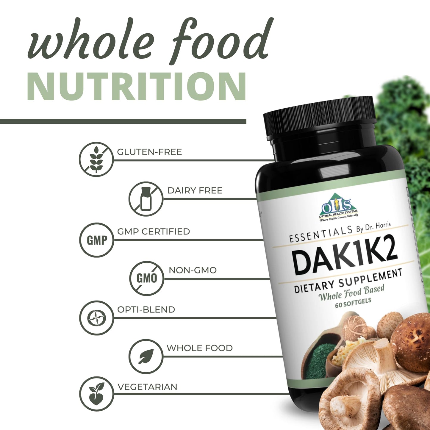 Optimal Health Systems Essential DAK1K2 Vitamin D3 + A + K1 + K2 Immune Support, Bone Health, & Heart Health with MK-7, 5000 IU, 60 Softgels