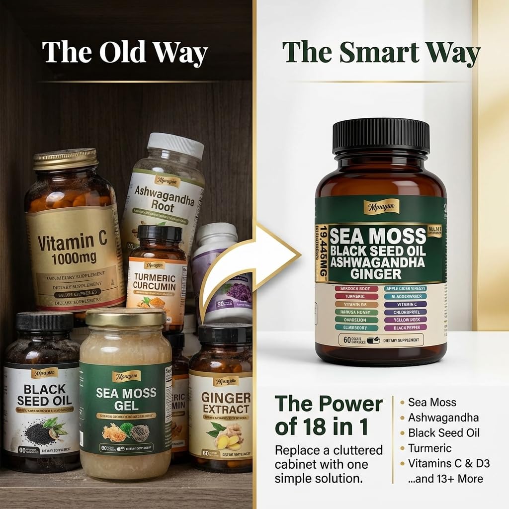 MPRAYAN Sea Moss Black Seed Oil Ashwagandha 10:1 Extract Blend Capsules, 60 Count