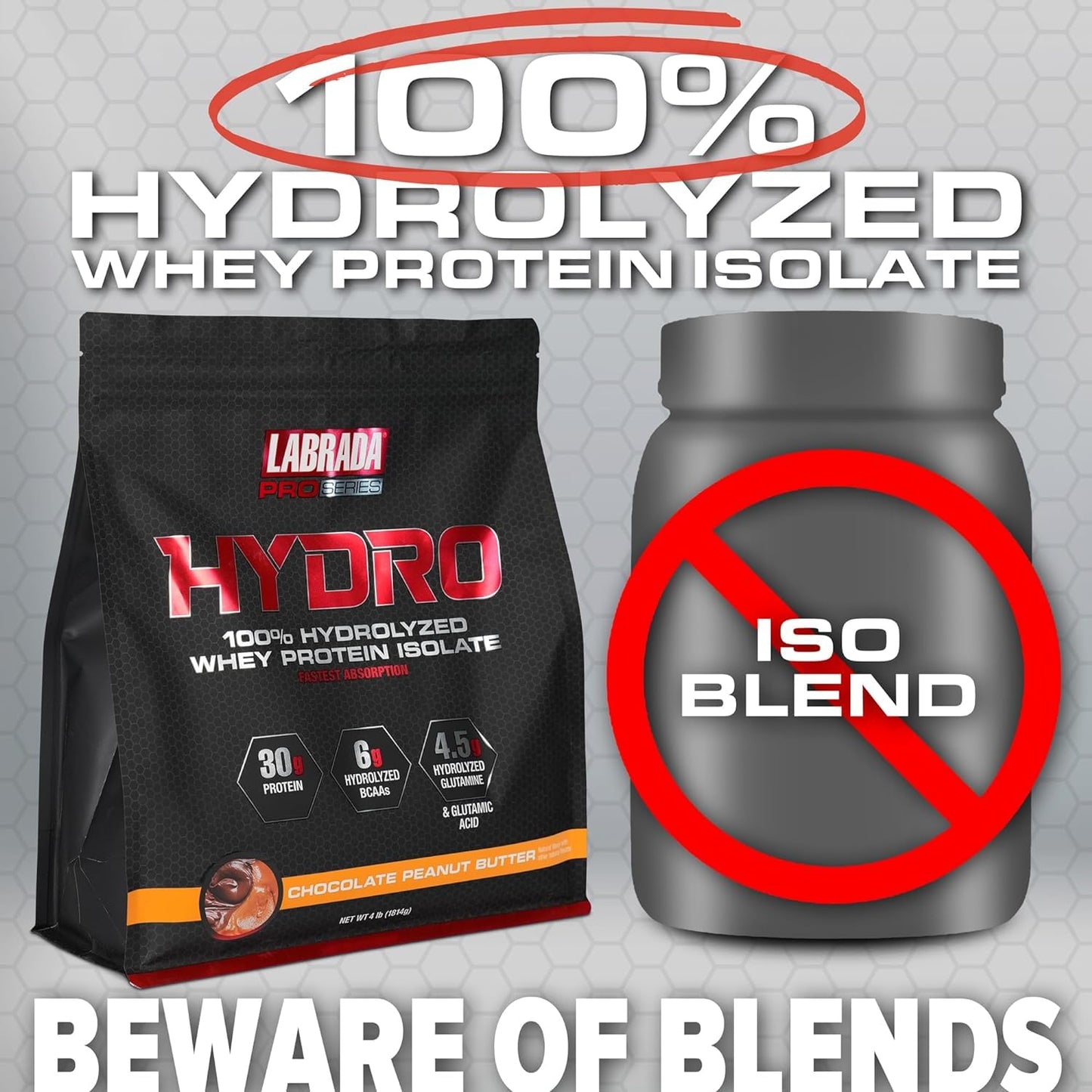Labrada Hydro 100% Pure Hydrolyzed Whey Protein Isolate Powder, Lactose Free, Glutamine, Fastest Digesting Whey Available, Instant Mixing, Delicious Taste 64 Servings (Peanut Butter)