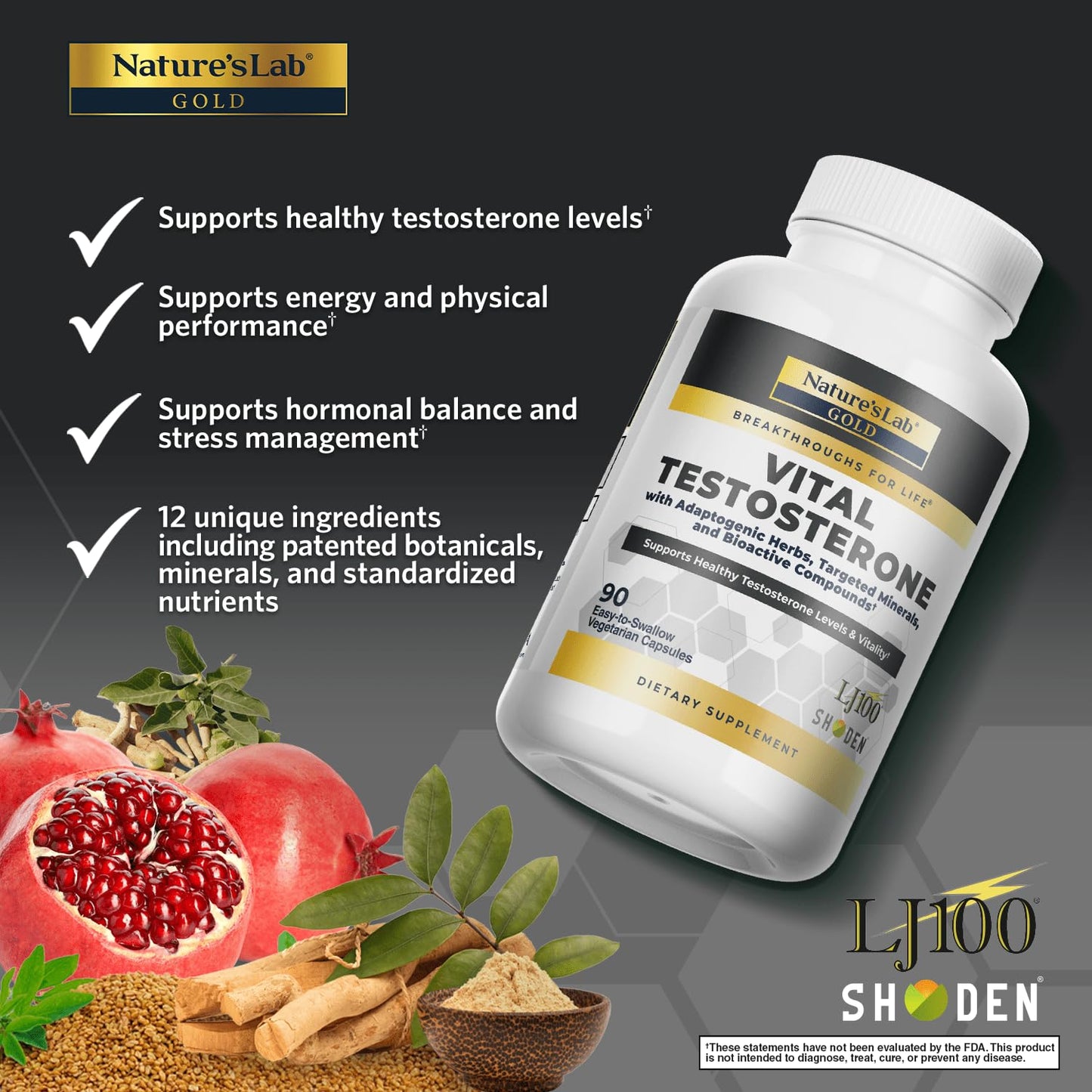 Nature's Lab Gold Vital Testosterone with Adaptogenic Herbs, Targeted Minerals and Bioactive Compounds, 90 Capsules