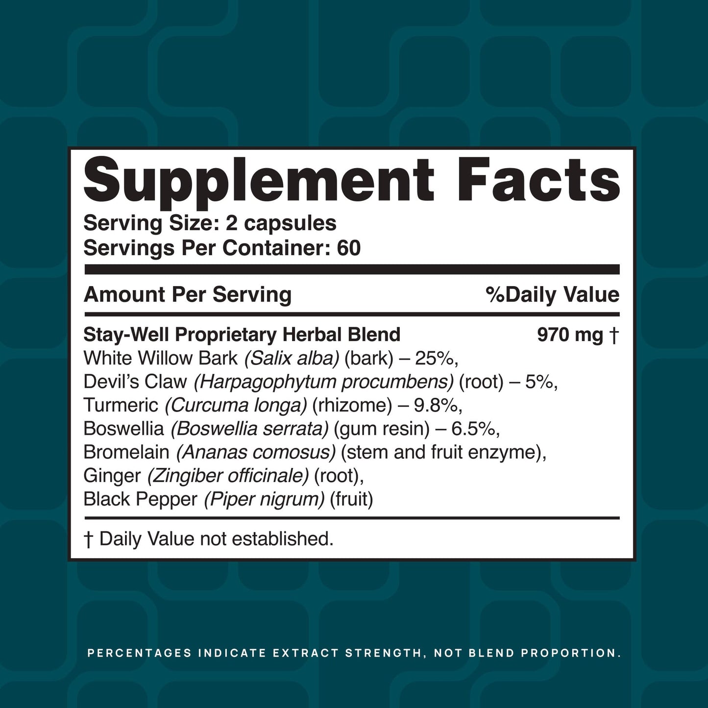Stay-Well Naturals Pain Relief White Willow Bark Extract, Devil's Claw, Turmeric, Boswellia, Bromelain and Ginger Premium Extract Blend Capsules 120