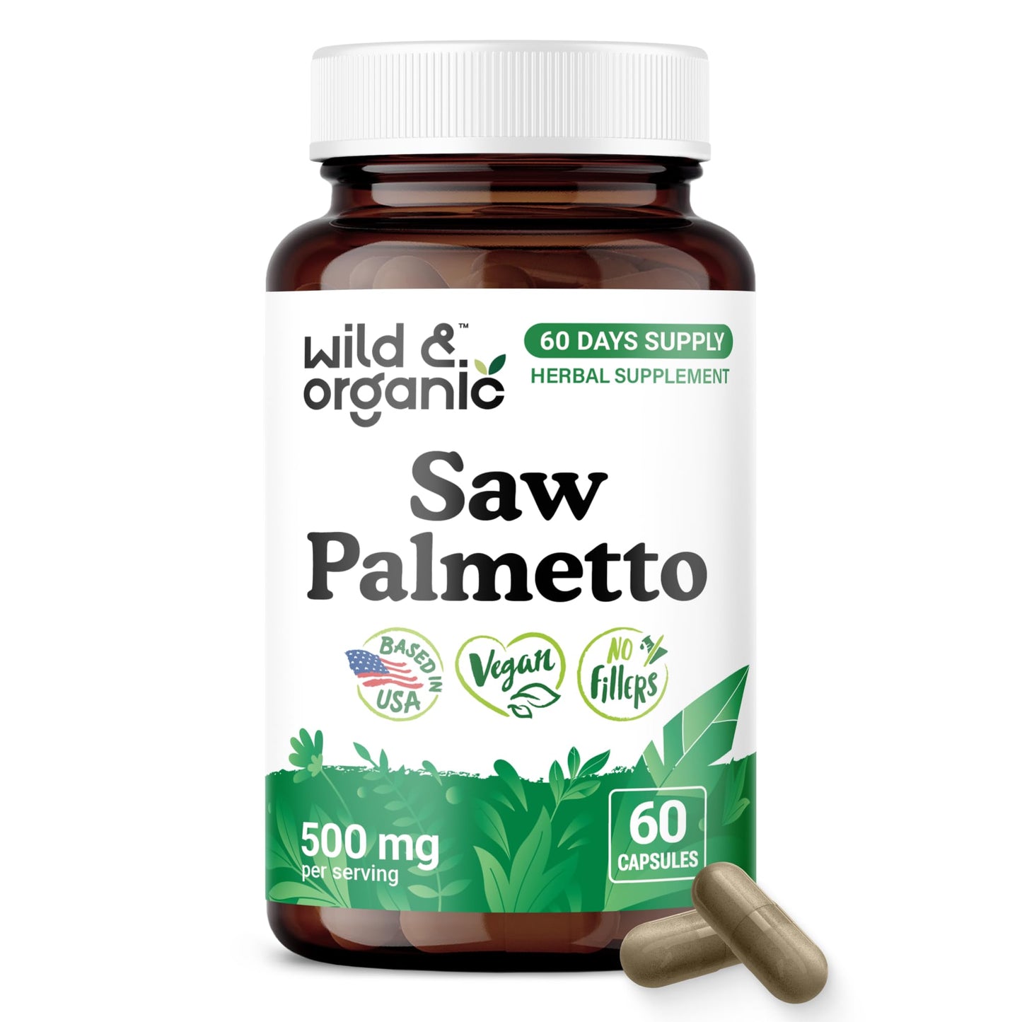 Wild & Organic Saw Palmetto Capsules 500 mg, 60 Count