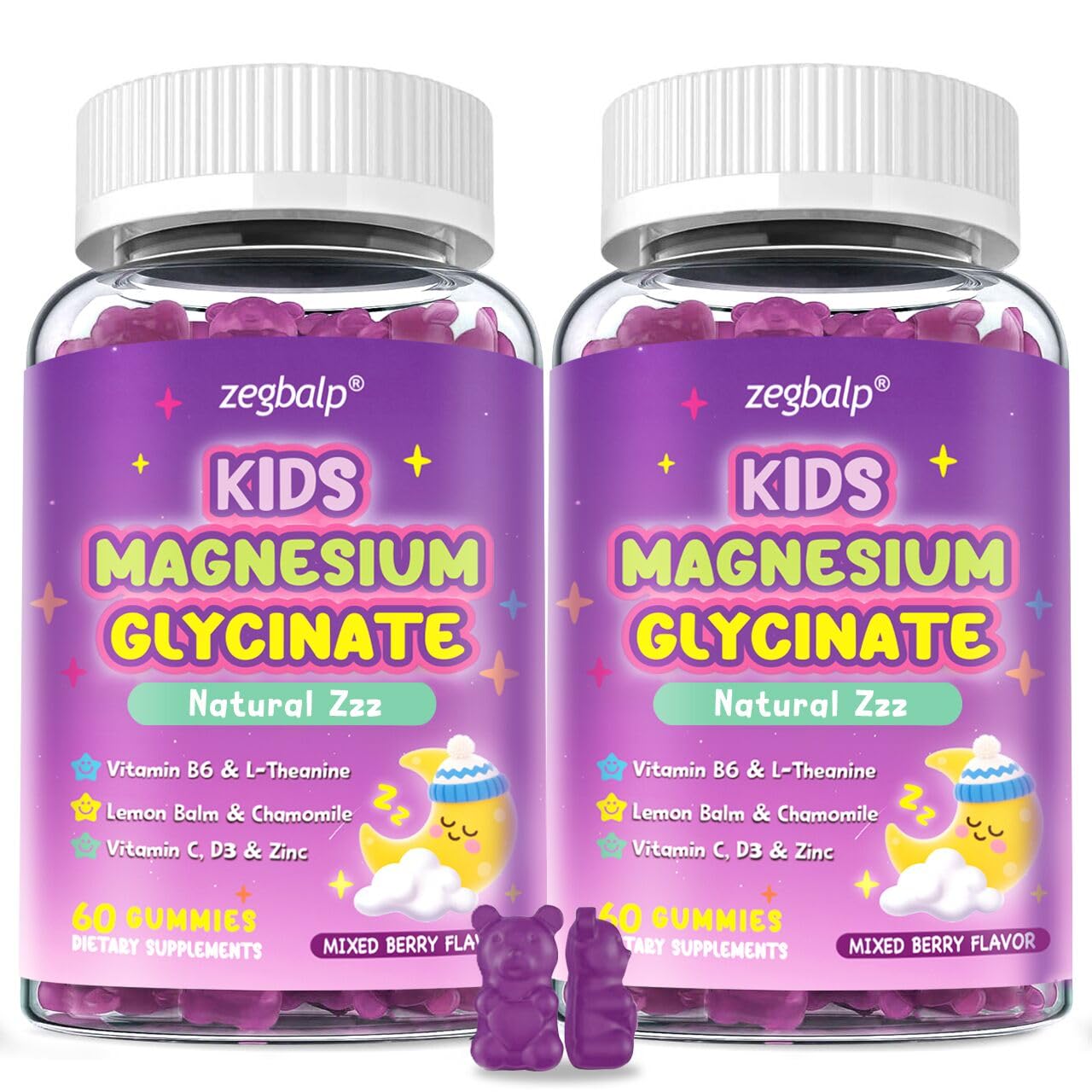ZEGBALP Magnesium Glycinate Gummies for Kids, 200mg, Sugar Free with L-Theanine, Chamomile, Calcium, B6, D3 & Zinc, Melatonin Free, 120 Gummies