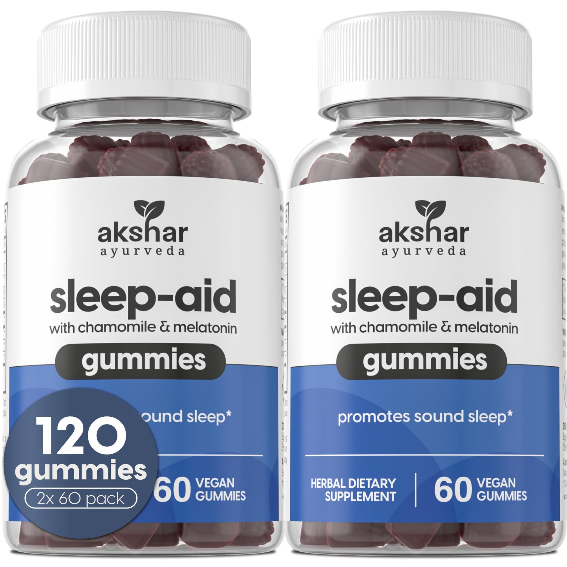 AKSHAR Ayurveda Sleep Gummies for Adults with Melatonin, Chamomile, Passionflower and Lemon Balm, 3mg Melatonin Gummies, 120 Count