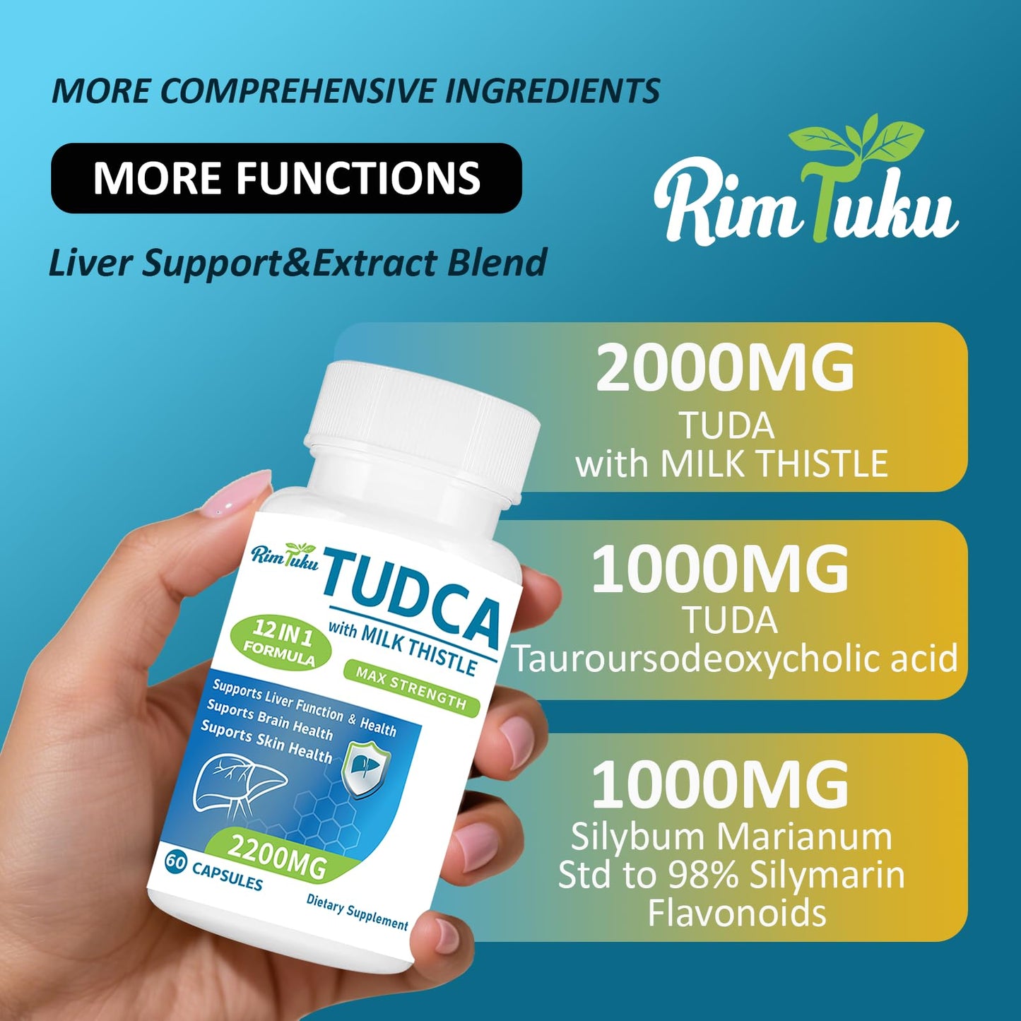 RimTuku TUDCA 2200MG with Milk Thistle 12-in-1 Formula Liver Support Capsules, 60 Count