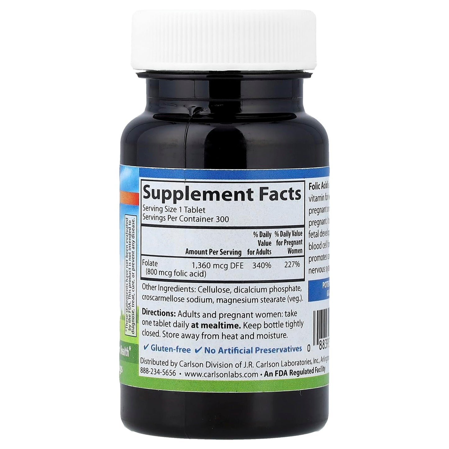 Carlson Folic Acid Vegetarian Tablet 30 Count