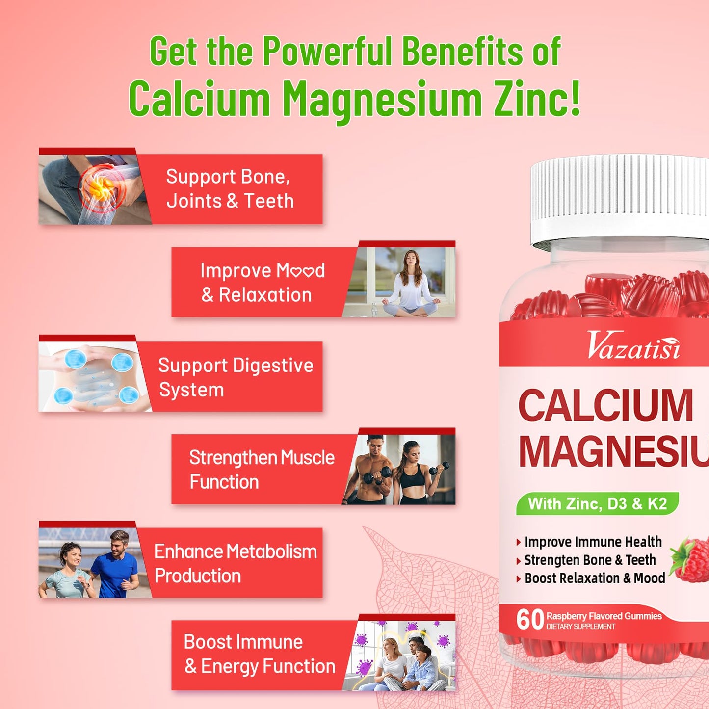 Vazatisi Calcium Magnesium Zinc Gummies with Vitamin D3 & K2, High Absorption Magnesium Glycinate, Potassium, Raspberry Flavor, 120 Gummies
