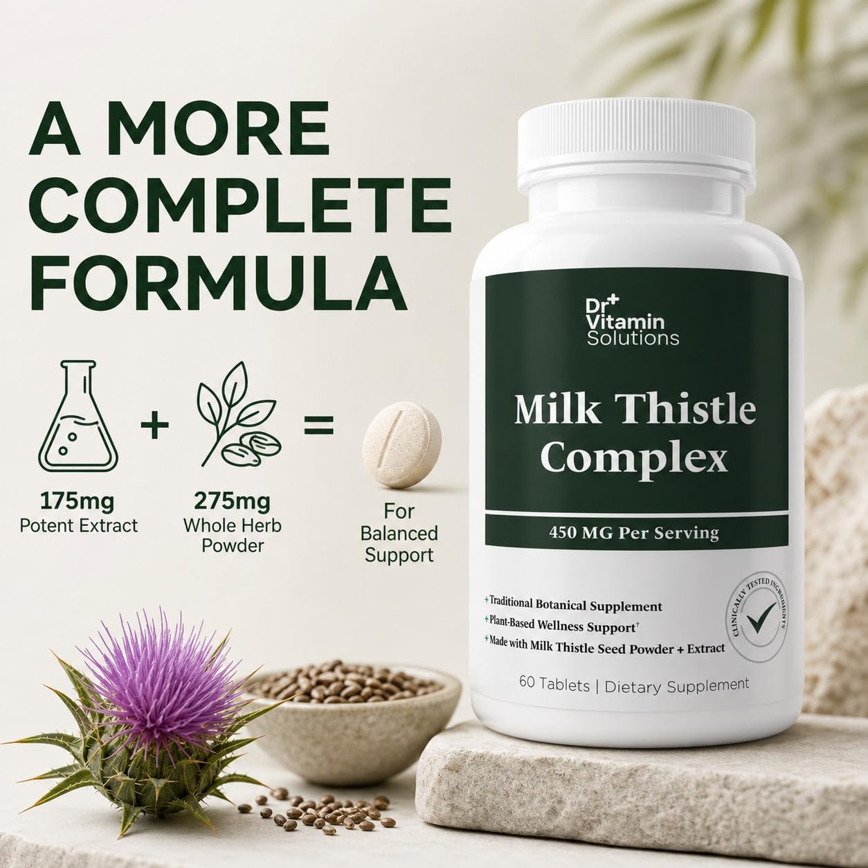 DR Vitamin Solutions Milk Thistle Complex 450 mg – 175 mg Standardized Milk Thistle Extract Plus 275 mg Milk Thistle Powder, Tablets, 60 Count