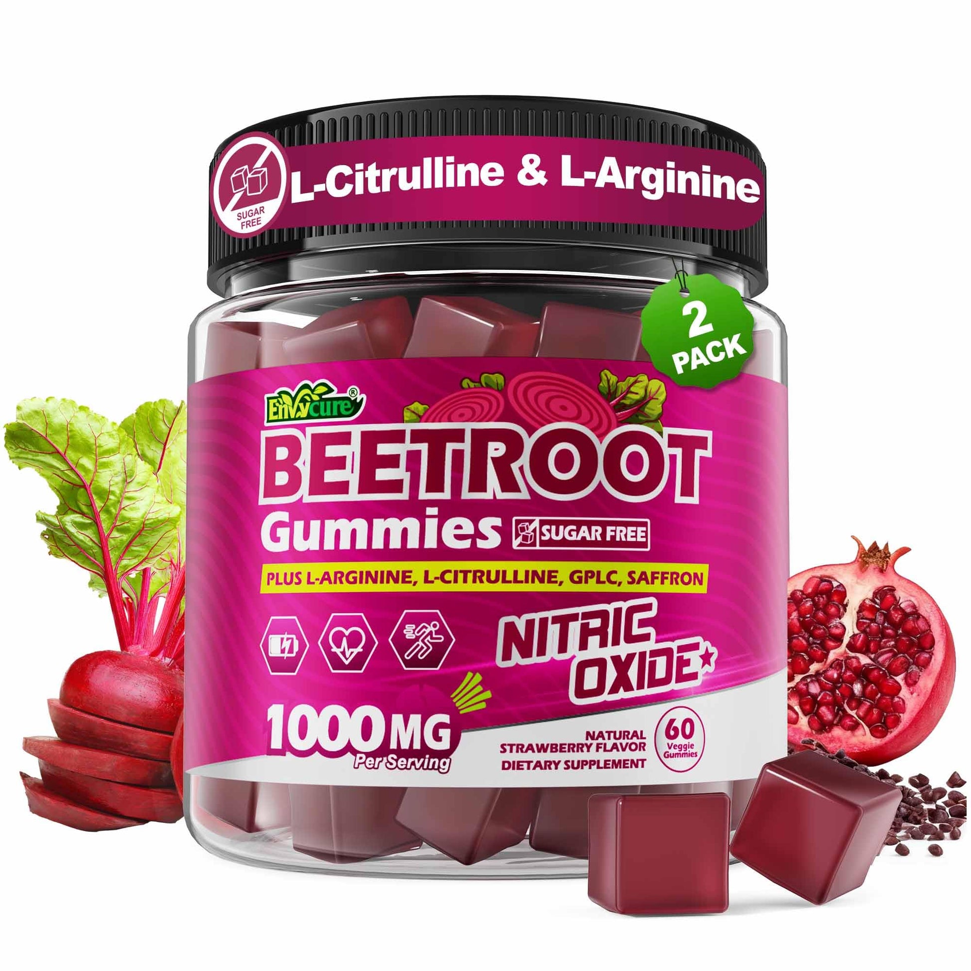 EnvyCure Beet Root Gummies with L-Citrulline & L-Arginine for Nitric Oxide Support, Sugar Free, Vegan, 120 Gummies