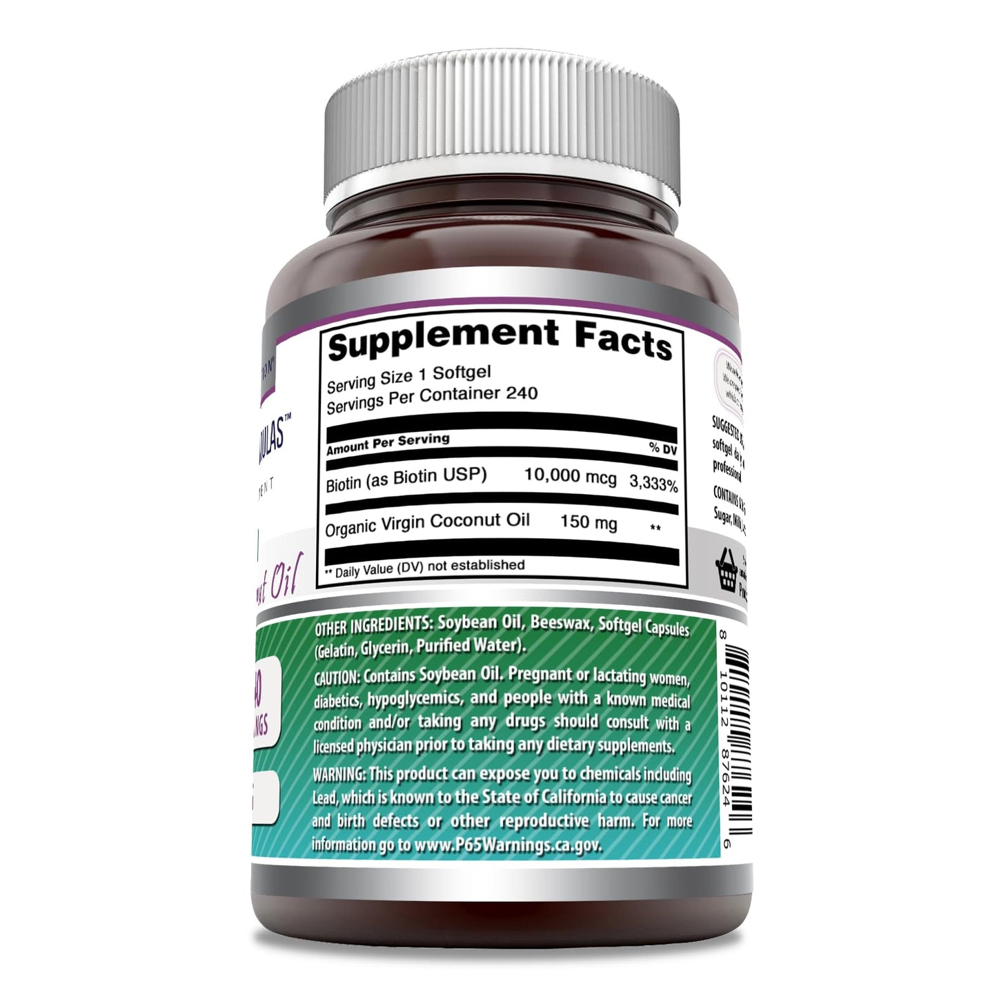 Amazing Nutrition Biotin with Extra Virgin Organic Coconut Oil Supplement Softgels 240 Count