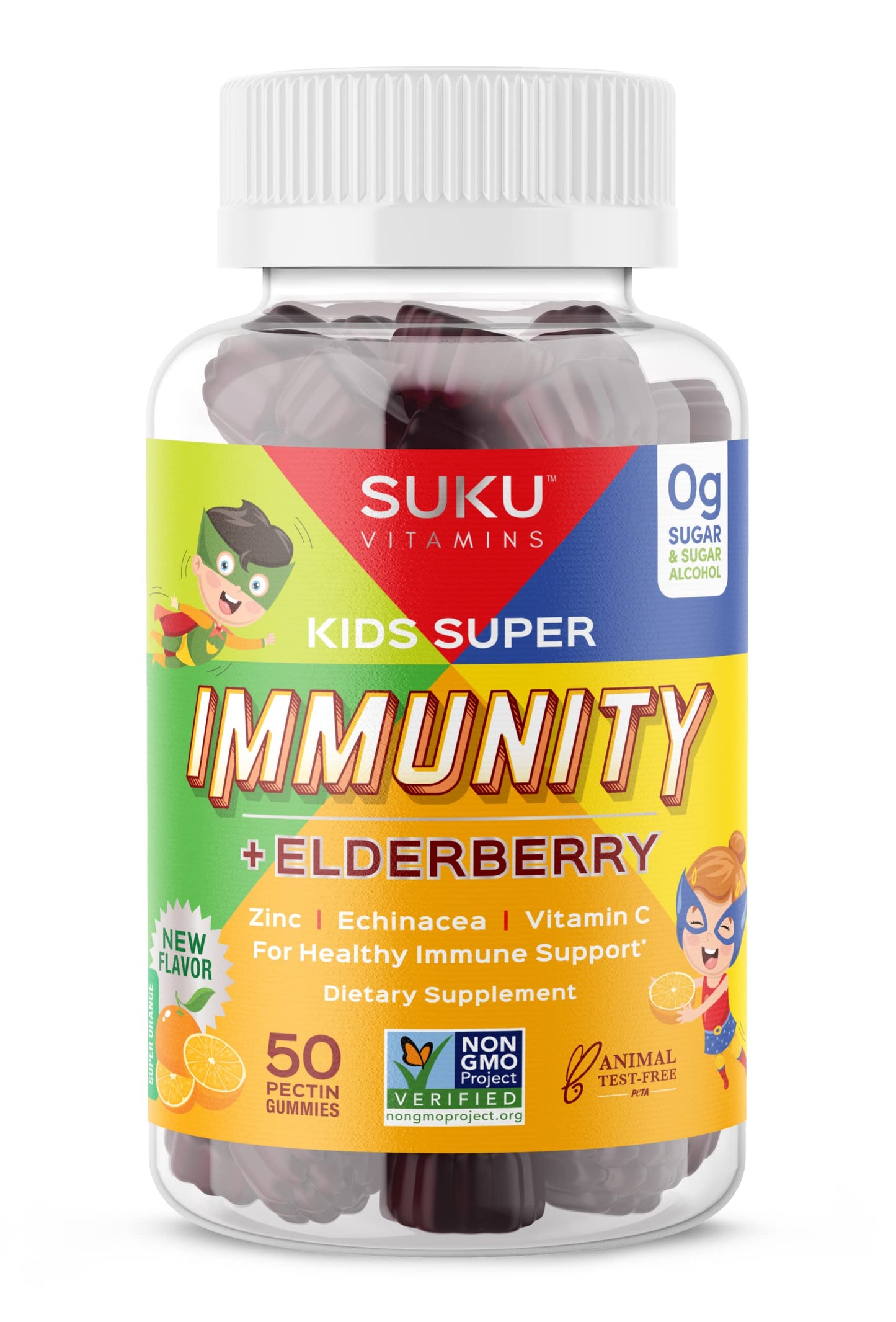 SUKU Kids Super Immunity Gummies with Elderberry, Echinacea, Vitamin A and Zinc for Immune Support - Easy to Chew - Non-GMO, Gluten Free, Sugar Free - Pomegranate Lime Gummy Vitamins, 50 Count