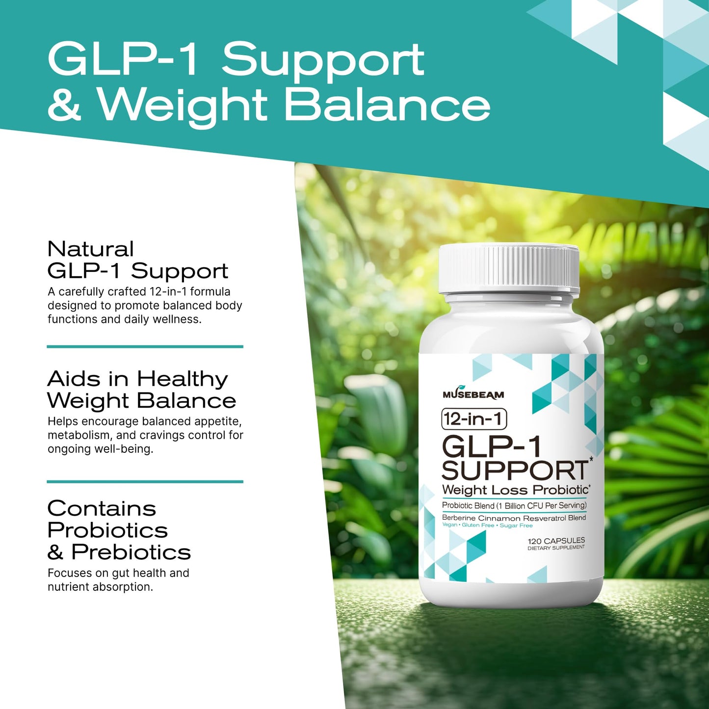 musebeam Probiotic Weight Loss Support Supplement GLP1 Appetite Suppressant with Berberine Capsule, 120 Count