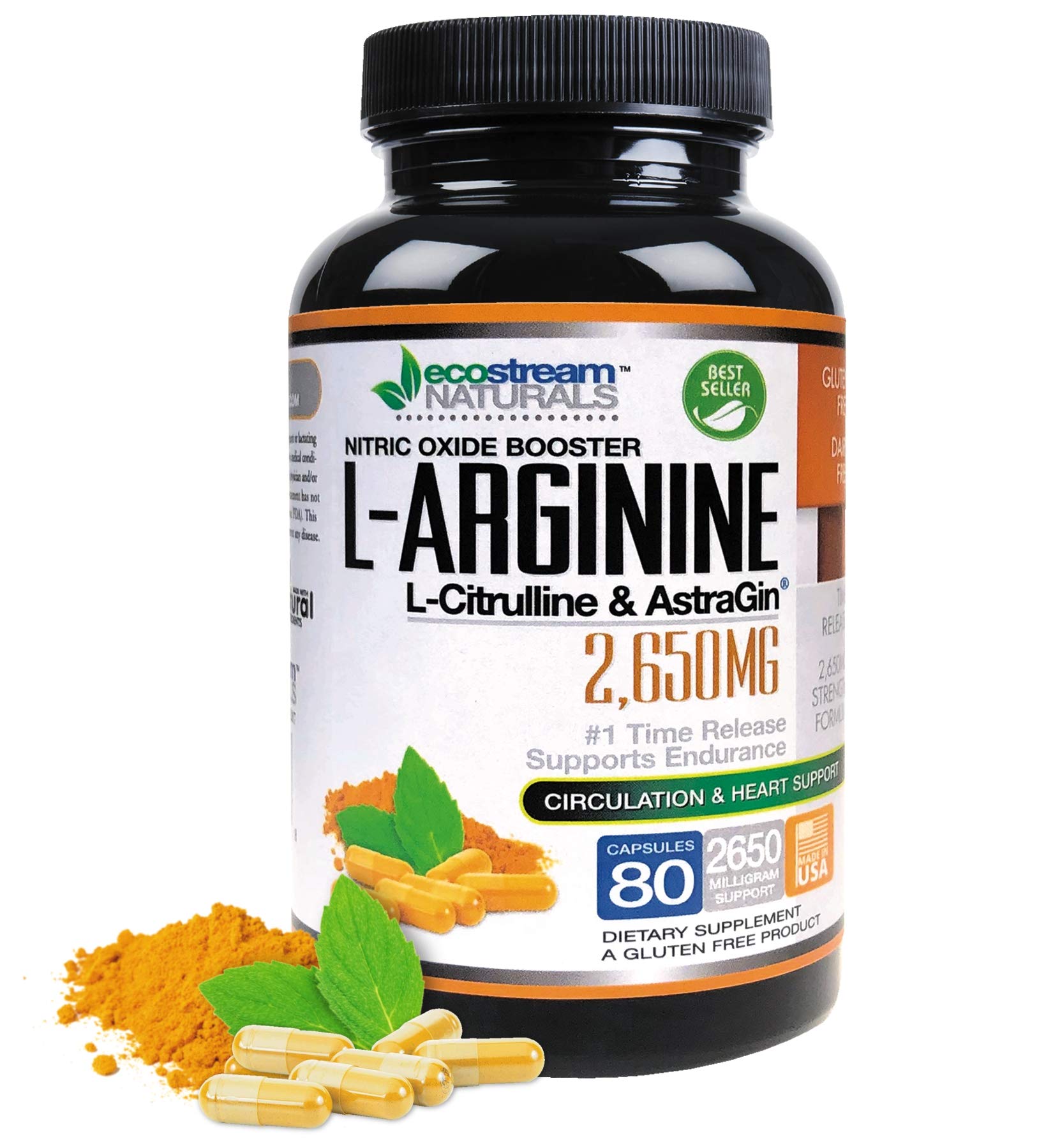 ecostream Naturals MAX 2650mg Nitric Oxide Booster L-Arginine - L-Citruline and Astragin - Time Release 2650 MAX Formula Capsule 80 Count
