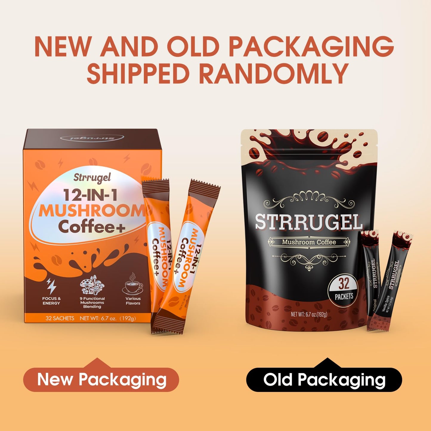 strrugel Organic Mushroom Coffee with Lion’s Mane & Reishi - 9 Functional Mushrooms + Ashwagandha for Focus, Energy & Stress Relief - Low Caffeine Instant Coffee Sticks Powder 6.7 Ounce