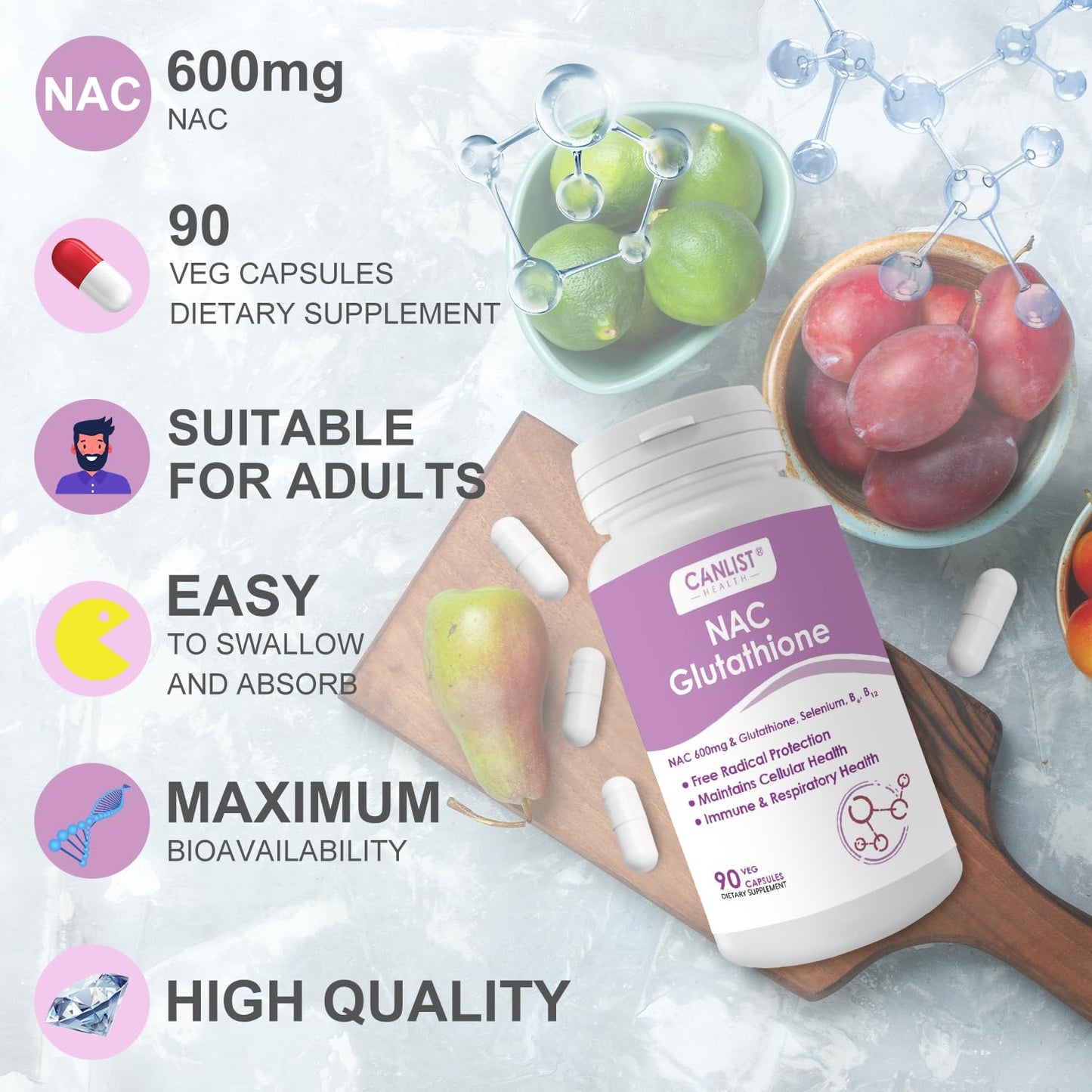 CANLIST NAC Supplement (N-Acetyl Cysteine) 600mg with Glutathione 400mg Capsules, 90 Count