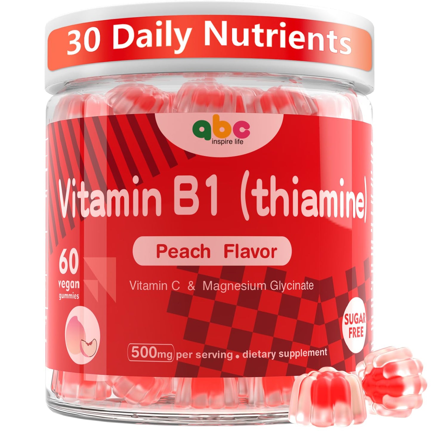 NEWOLite Vitamin B1 Gummies (Thiamine) 300mg with 150mg Magnesium, Natural Peach Flavor, Non-GMO, Sugar-Free, Vegan, 60 Gummies