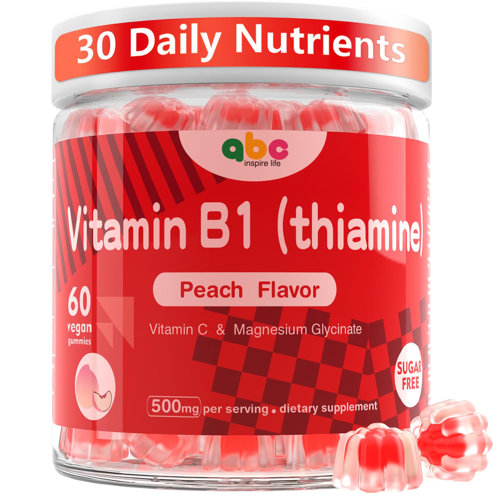NEWOLite Vitamin B1 Gummies (Thiamine) 300mg with 150mg Magnesium, Natural Peach Flavor, Non-GMO, Sugar-Free, Vegan, 60 Gummies