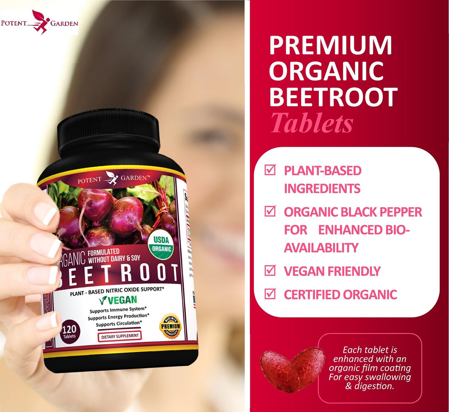 Potent Garden Organic Beet Root Tablets 1350 mg with Black Pepper, 120 Tablets