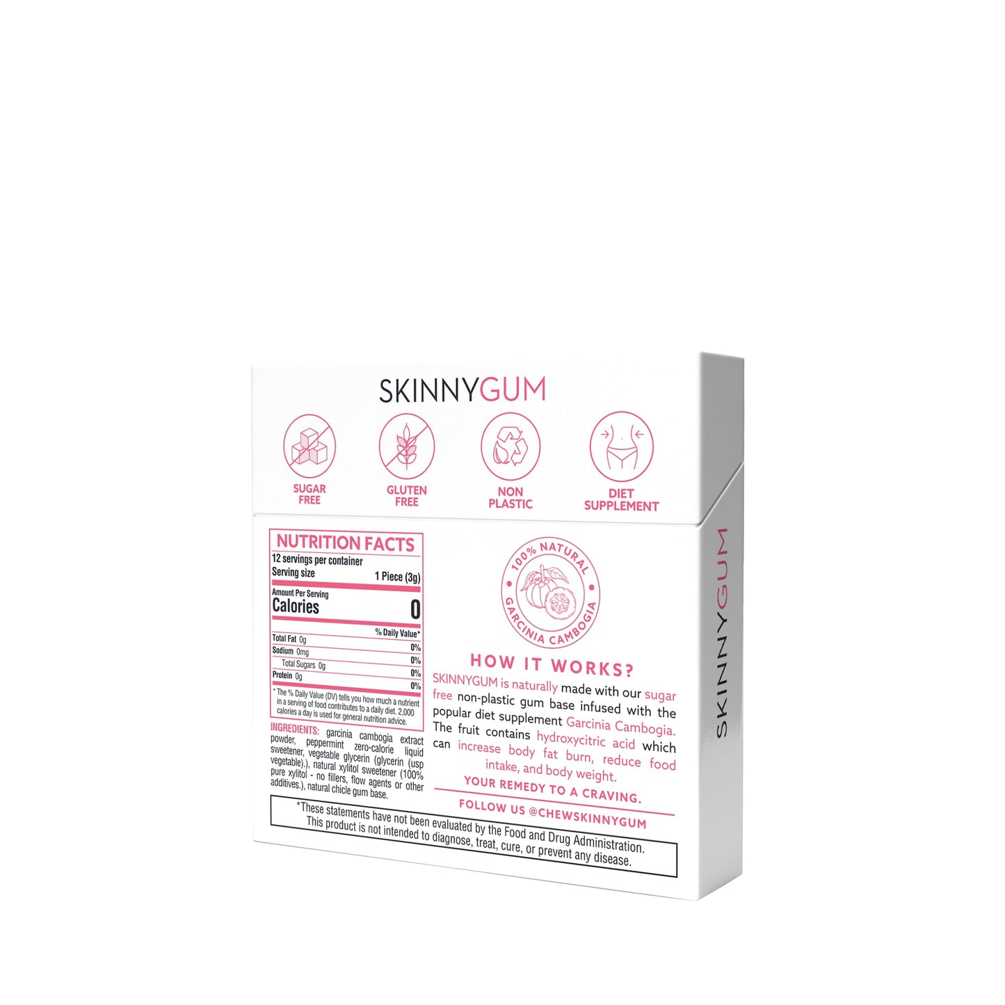 SKINNYGUM Sugar-Free Chewing Gum with Natural Mint Flavor Garcinia Cambodia Plastic-Free, Zero Calorie, Plant-Based Chewable 3 Count