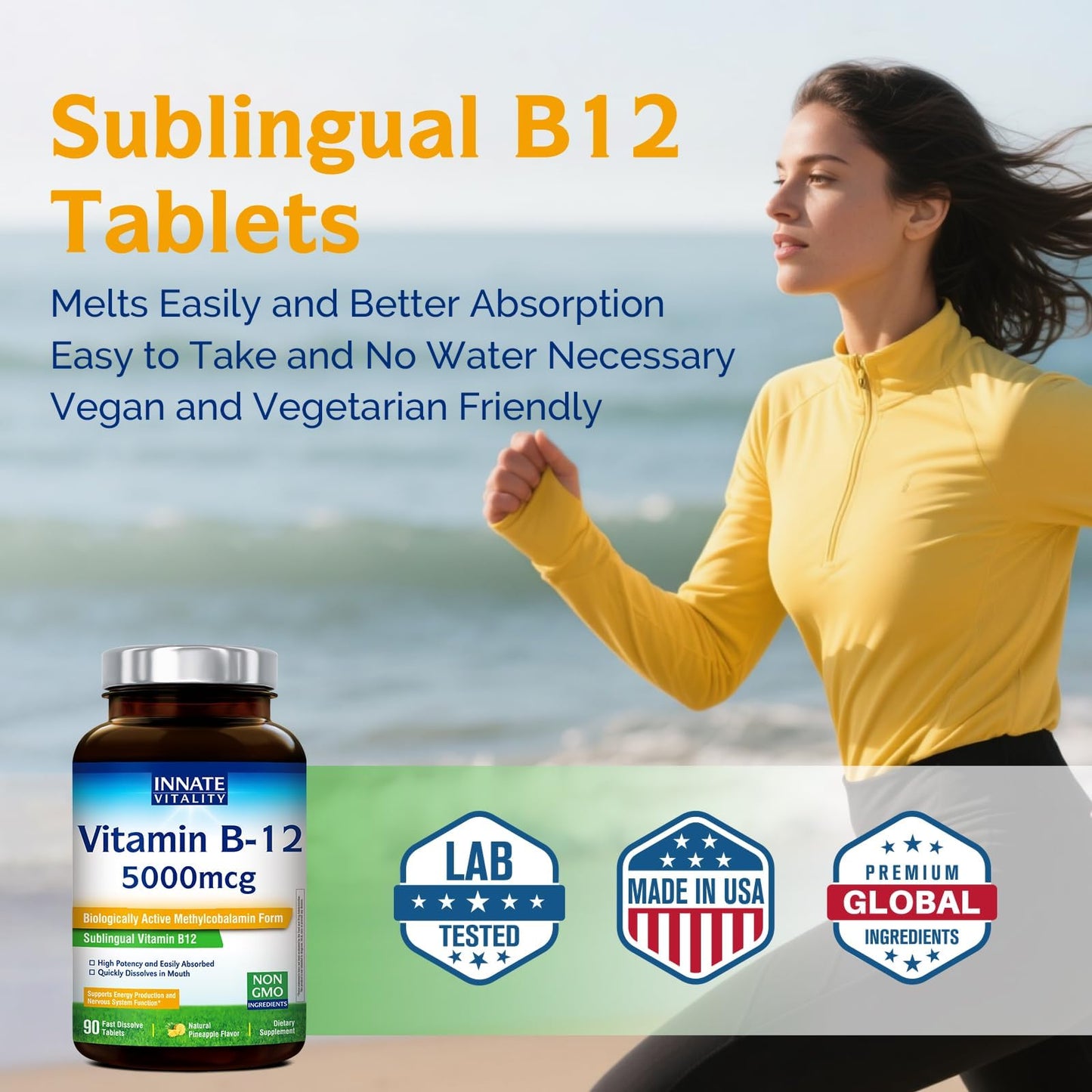 Innate Vitality Vitamin B12 5000mcg Methylcobalamin Sublingual Tablets, Pineapple Flavor, 90 Tablets