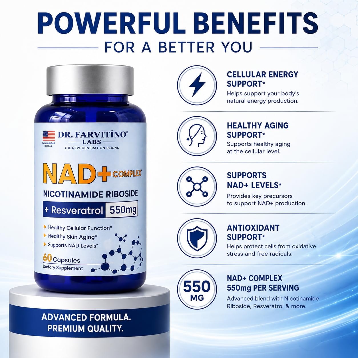 DR. FARVITINO LABS NAD+ Supplement 550mg NextGen Liposomal NAD+ + Trans-Resveratrol 60 Vegan Capsules