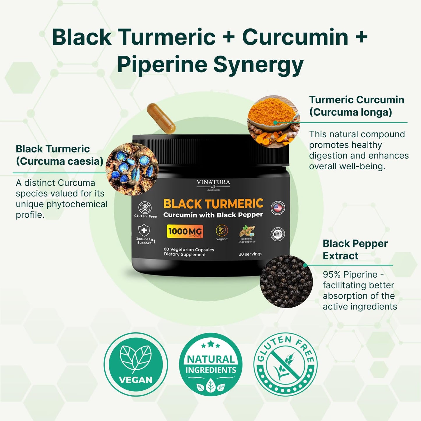 VINATURA Black Turmeric, Curcumin with Black Pepper 1000mg - Turmeric Curcumin with Turmeric Black - Curcuma Caesia, Curcuma Longa, Black Pepper 95% Piperine, 60 Capsules
