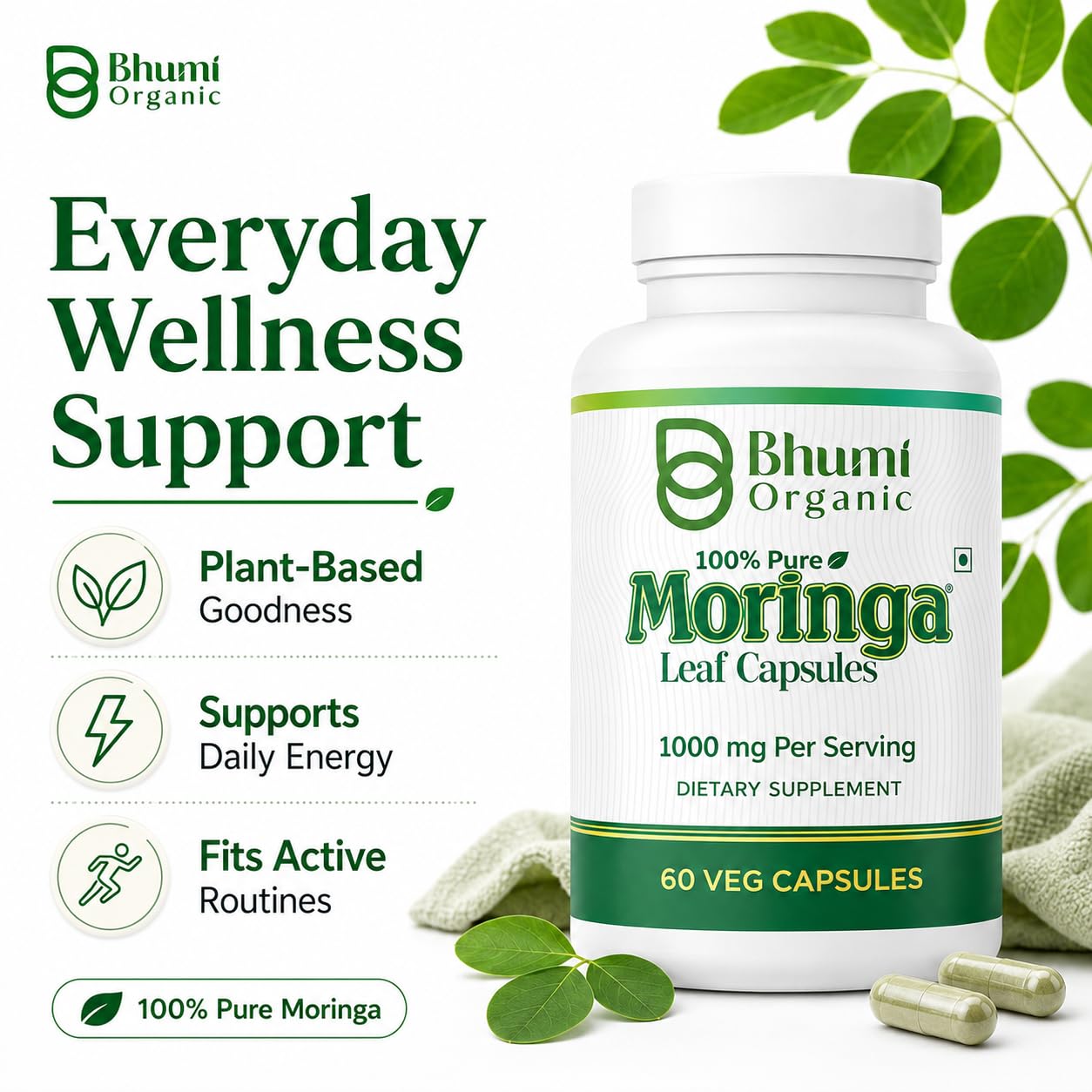 Bhumi Organic Moringa Powder Capsules 60 Count