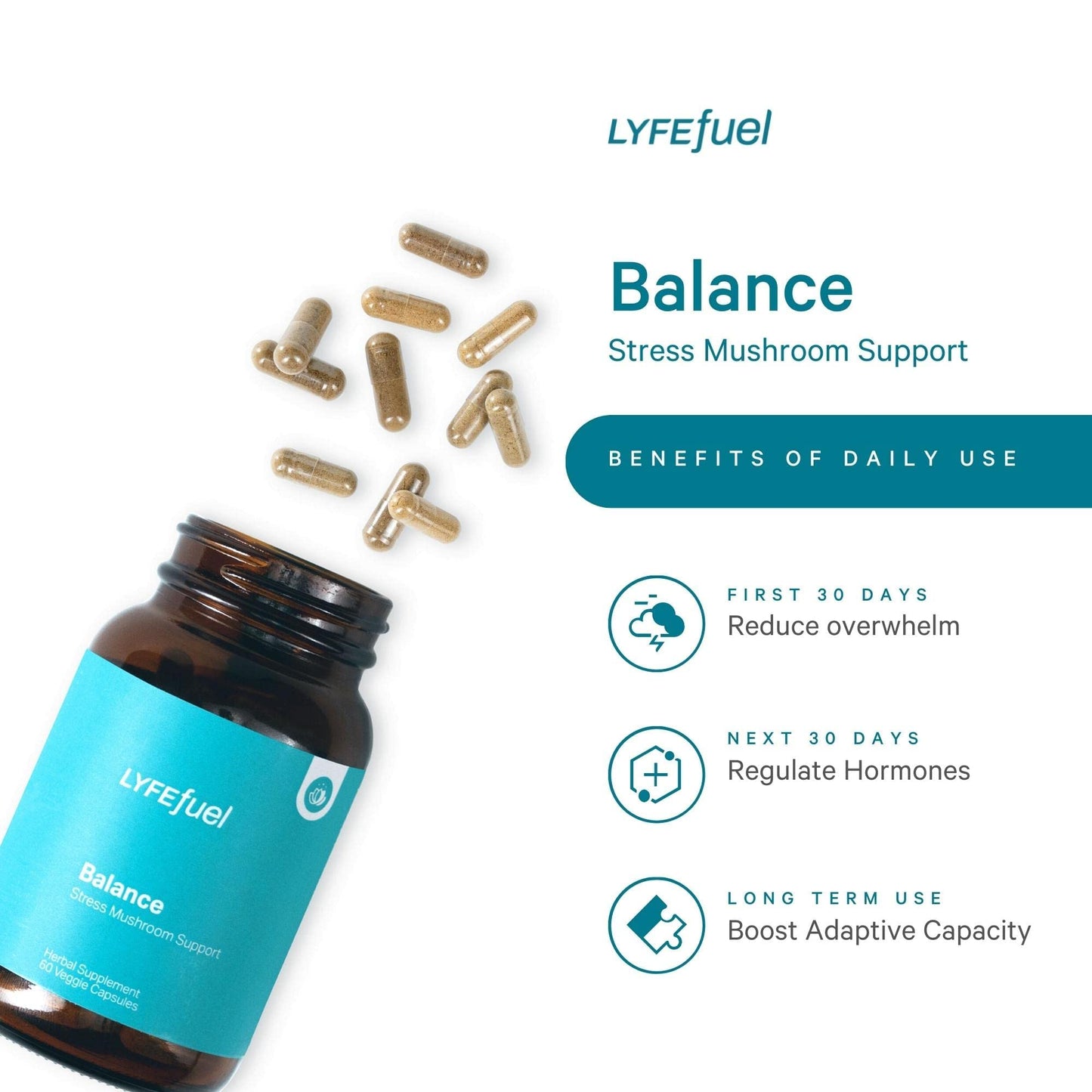 LyfeFuel Adaptogen Blend for Stress Relief - Whole Food Mushroom Supplement & Organic Herb Complex to Manage Cortisol, Lion’s Mane, Turkey Tail, Reishi, Ashwagandha, 60 Vegan Capsules