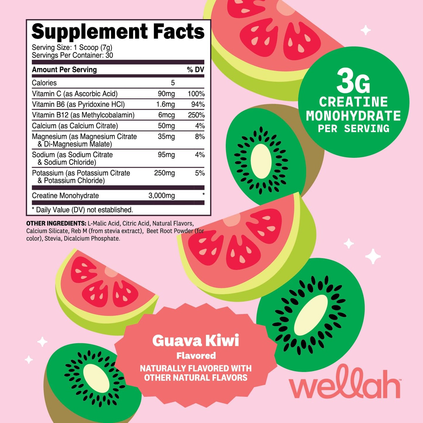 Wellah Creatine + Electrolytes Powder (Guava Kiwi), 7.3 Ounce
