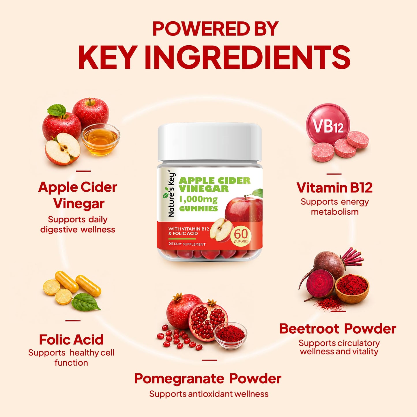 Nature's Key Apple Cider Vinegar Gummies 1000mg ACV, 60 Count