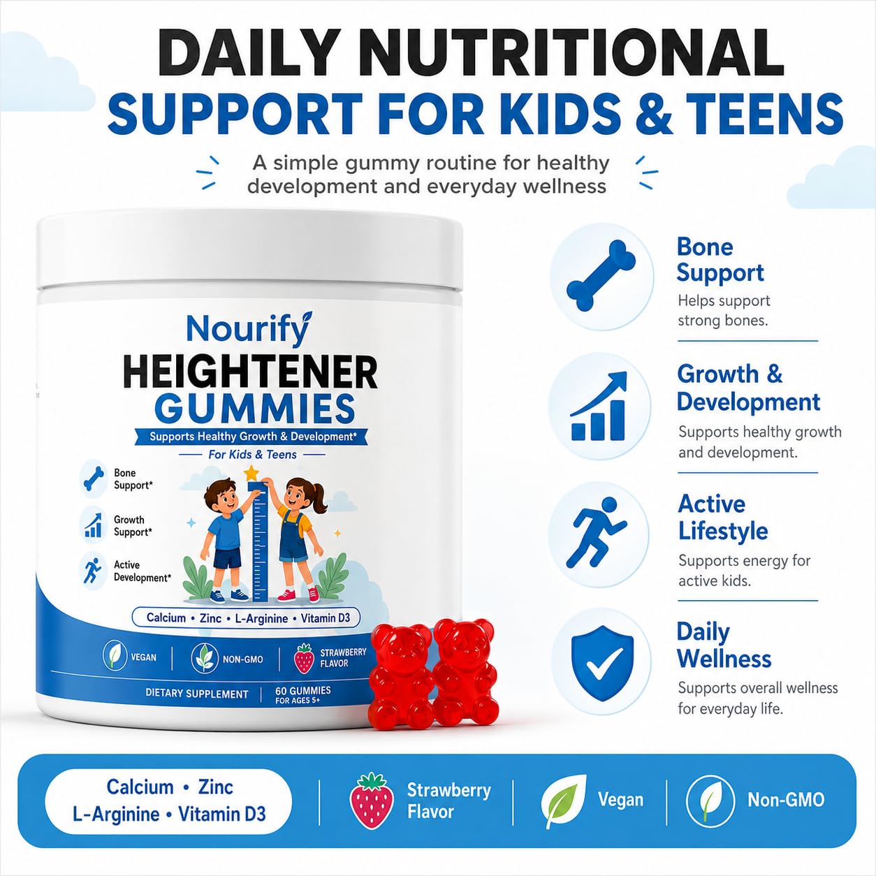 VOKIMAX Nourify Heightener Daily Multivitamin Gummies with Essential Vitamins & Minerals, Supports Bone Health, Energy & Overall Wellness, 60 Gummies