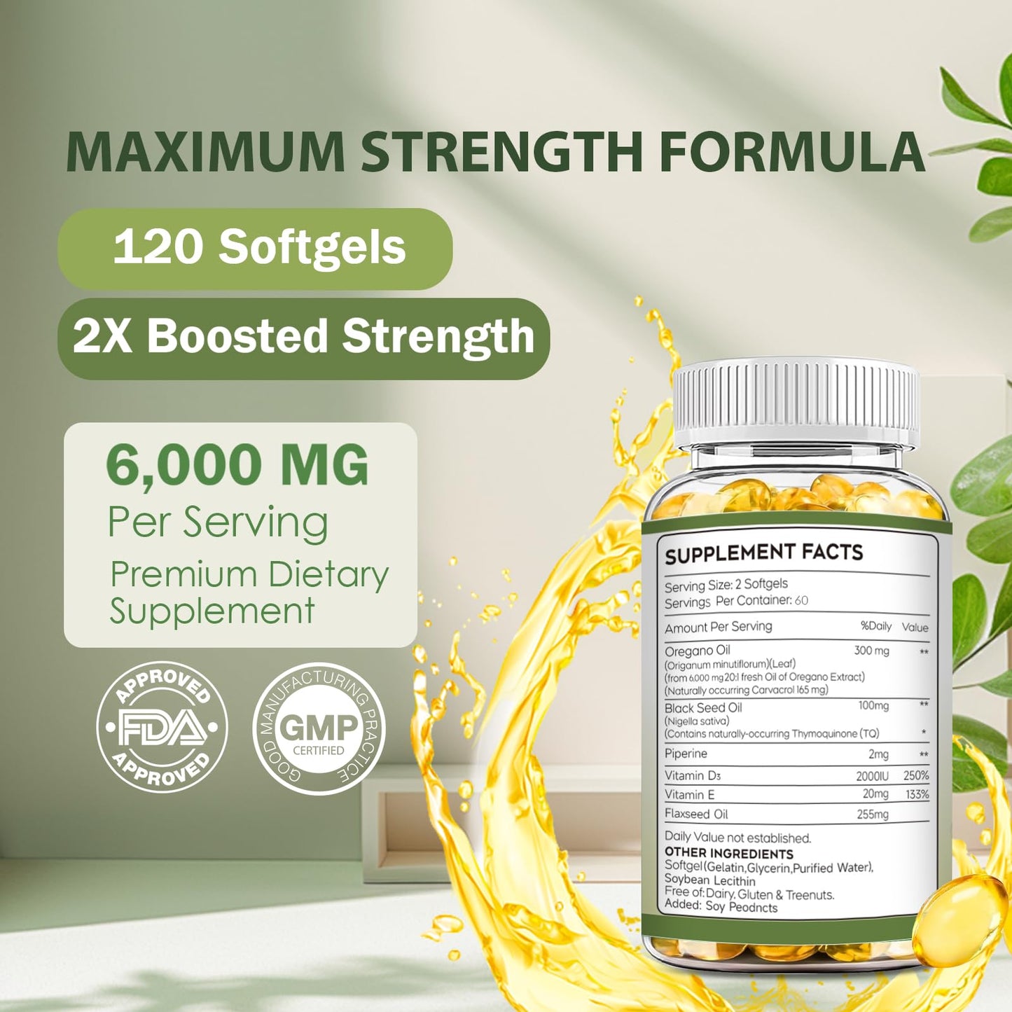 mamanana Oil of Oregano Capsules Organic 6000mg, 6-in-1 Oil of Oregano with Black Seed Oil, Omega-3 (EPA & DHA), Vitamin D + E, Digestive Health & Seasonal Immune Support, Non-GMO, 120 Capsules