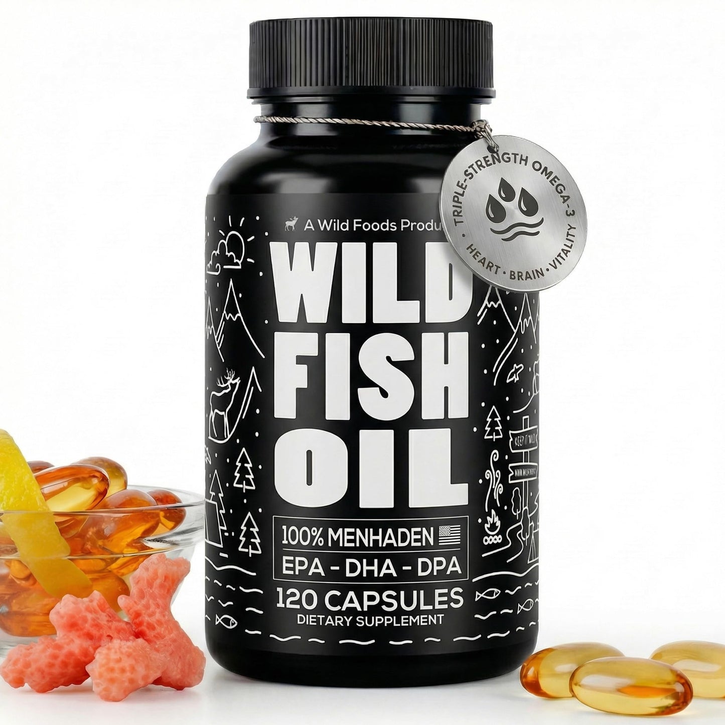 Wild Foods Fish Oil Omega-3 Softgels, 1600mg EPA DHA DPA, 120 Count