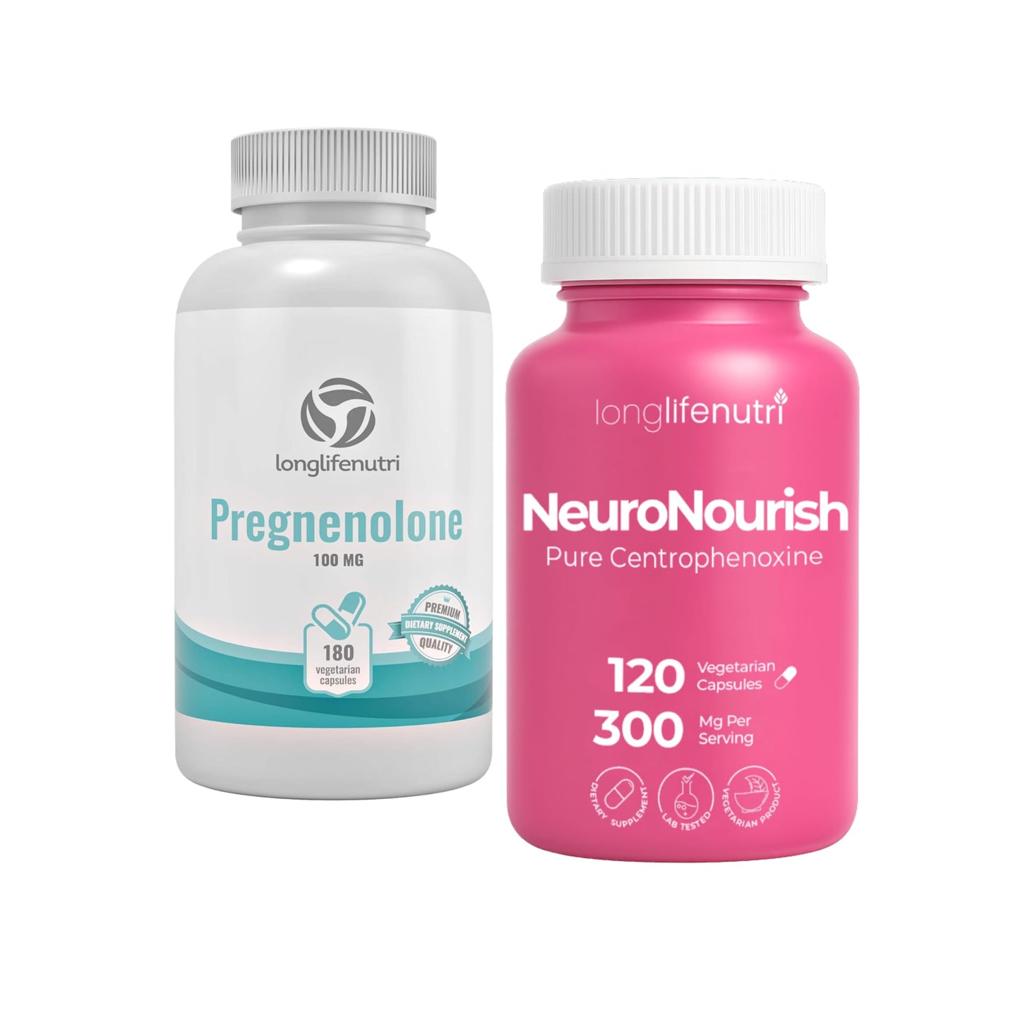 LongLifeNutri Pregnenolone 100 mg + Centrophenoxine 300 mg Bundle, Vegetarian Capsules, 300 Count