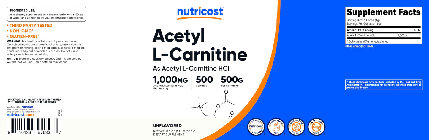 Nutricost Acetyl L-Carnitine (ALCAR) Powder, 17.637 oz