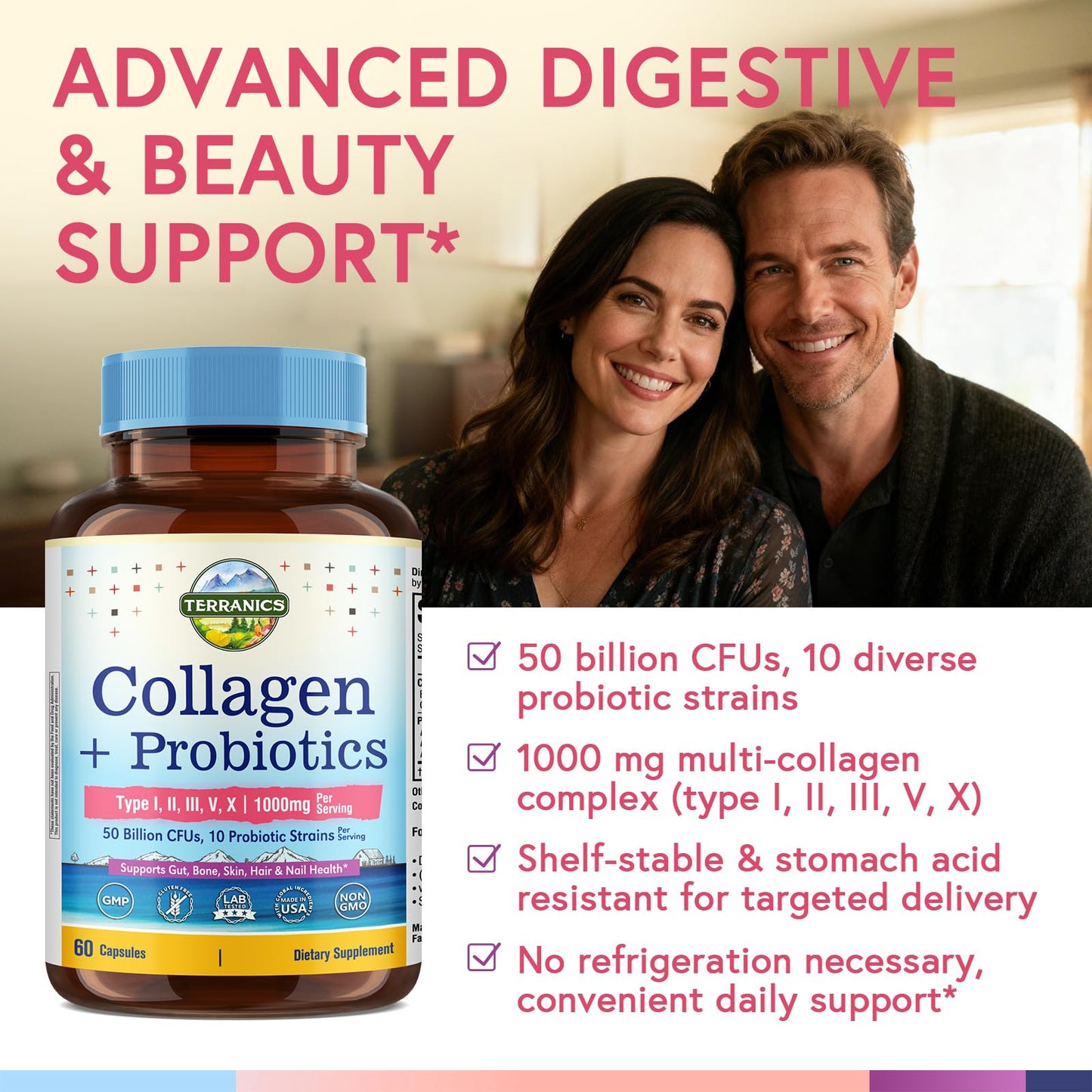 Terranics Multi Collagen Peptides Type I, II, III, V, X, 1000 mg Per Serving with Probiotics 50 Billion CFUs, 10 Strains, Supports Skin, Bone & Gut Health, Non-GMO, 60 Capsules
