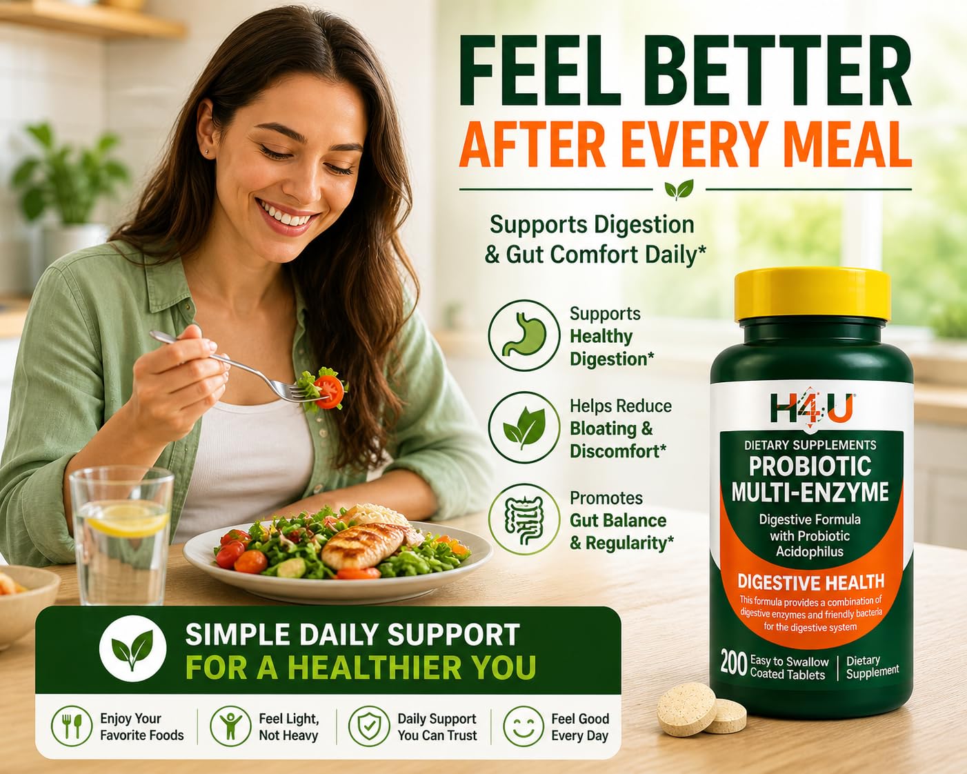 H4U Probiotic Multi Enzyme Supplement for Digestive Health 200 Tablets